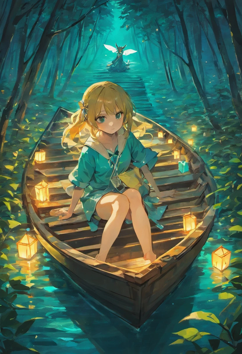 in a night forest, a girl sitting on a boat, The boat shape is a origami crane