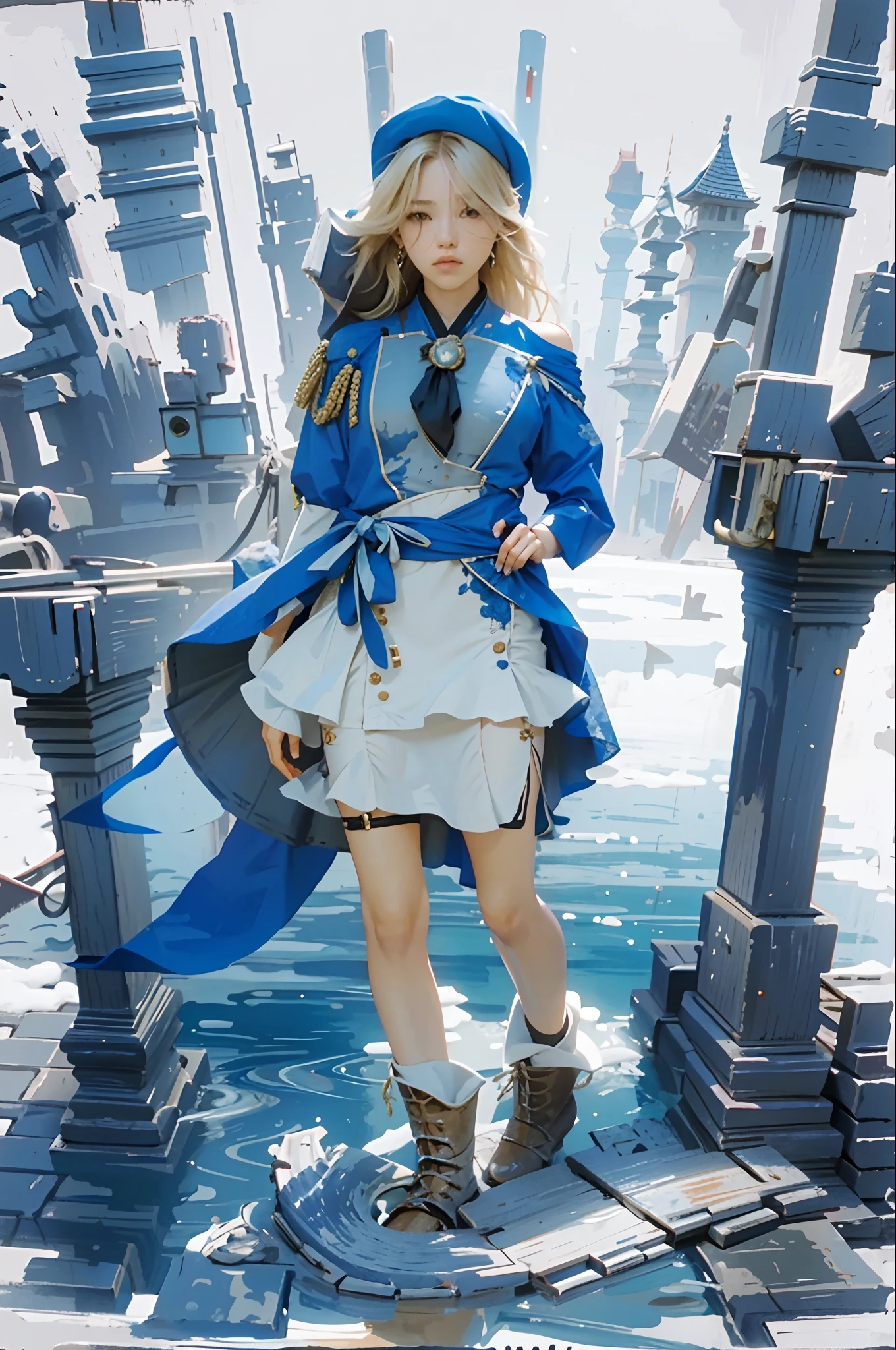fischl_genshin, cowboy shot, 1girl, hair over one eye, blonde long hair, tiara,bare shoulders, detached sleeves, (fischl's short dress), standing,looking at viewer, ((upper body)), outdoors, european town, european style houses, (castle), noon, streets, sunshine,