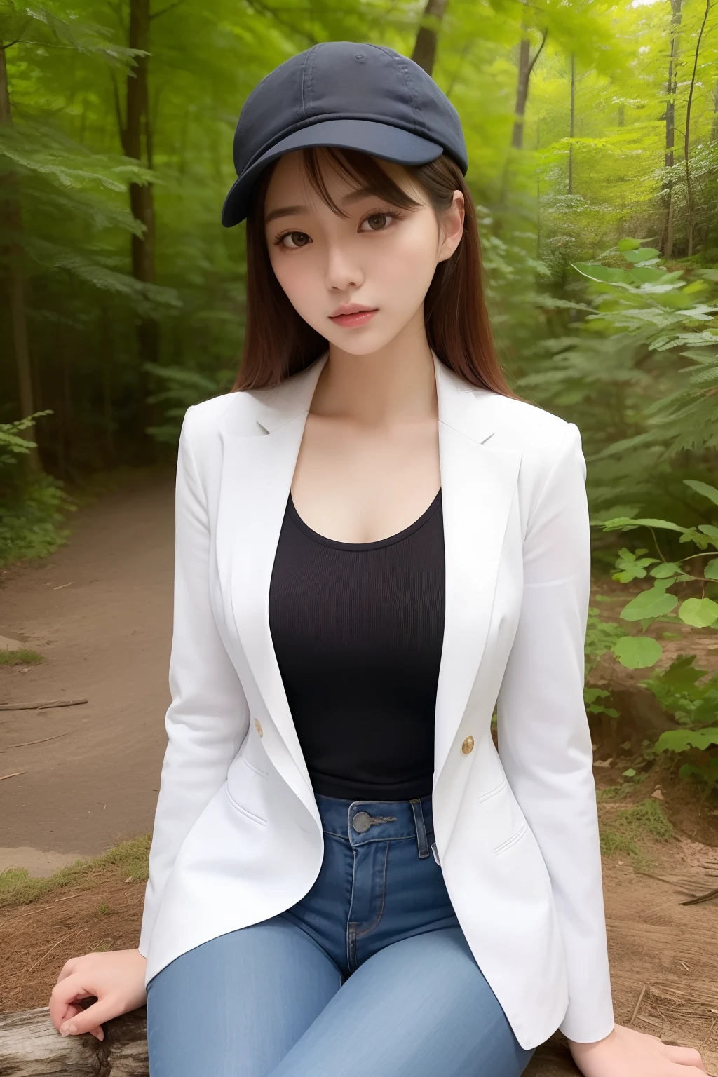 Asian woman sitting in the middle of the woods，Wearing a hat and blue skinny jeans, Open V chest clothes, Gorgeous young Korean woman, Beautiful Asian girl, Sexy girl, beautiful Korean women, young and cute girl, Korean girl, Good young girl, Beautiful young Korean woman, Asian girl, smooth white tight clothes suit, 2 4 year old female model, Attractive girl