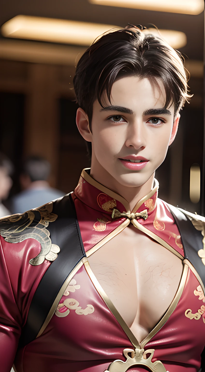 ((Men only)), ((head shot)), ((wearing pink Chinese clothing)), (showing his cleavage), (Pietro Boselli), (handsome muscle man in his 20s), (Big smile), (detaile: 1 in 1), Natural muscles, HIG quality, beautidful eyes, (Detailed face and eyes), (Face、: 1 / 2), Noise, Real Photographics、... ....................................................................................................................PSD, Sharp Focus, High resolution 8K, realisitic & Professional Photography, 8K UHD, Soft lighting, High quality, Film grain, FujifilmXT3
