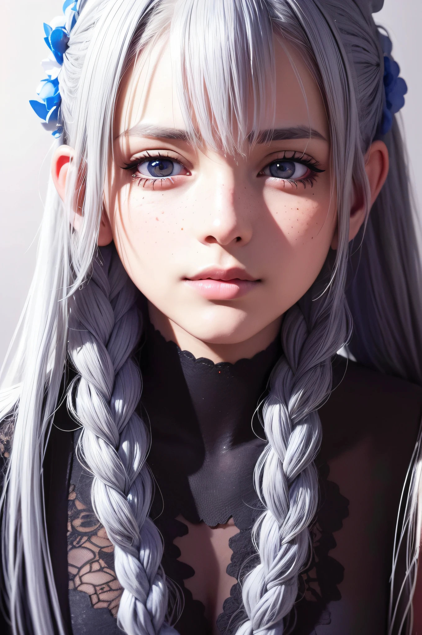 masterpiece, solo, highly detailed, ultra-detailed, ultra high res, (photorealistic:1.333), (best quality), (best shadow),detailed, perfect lighting, white hair, very long hair, braids, [face freckles], (blue eyes),, smokey make up, close up, portrait, (wlop)