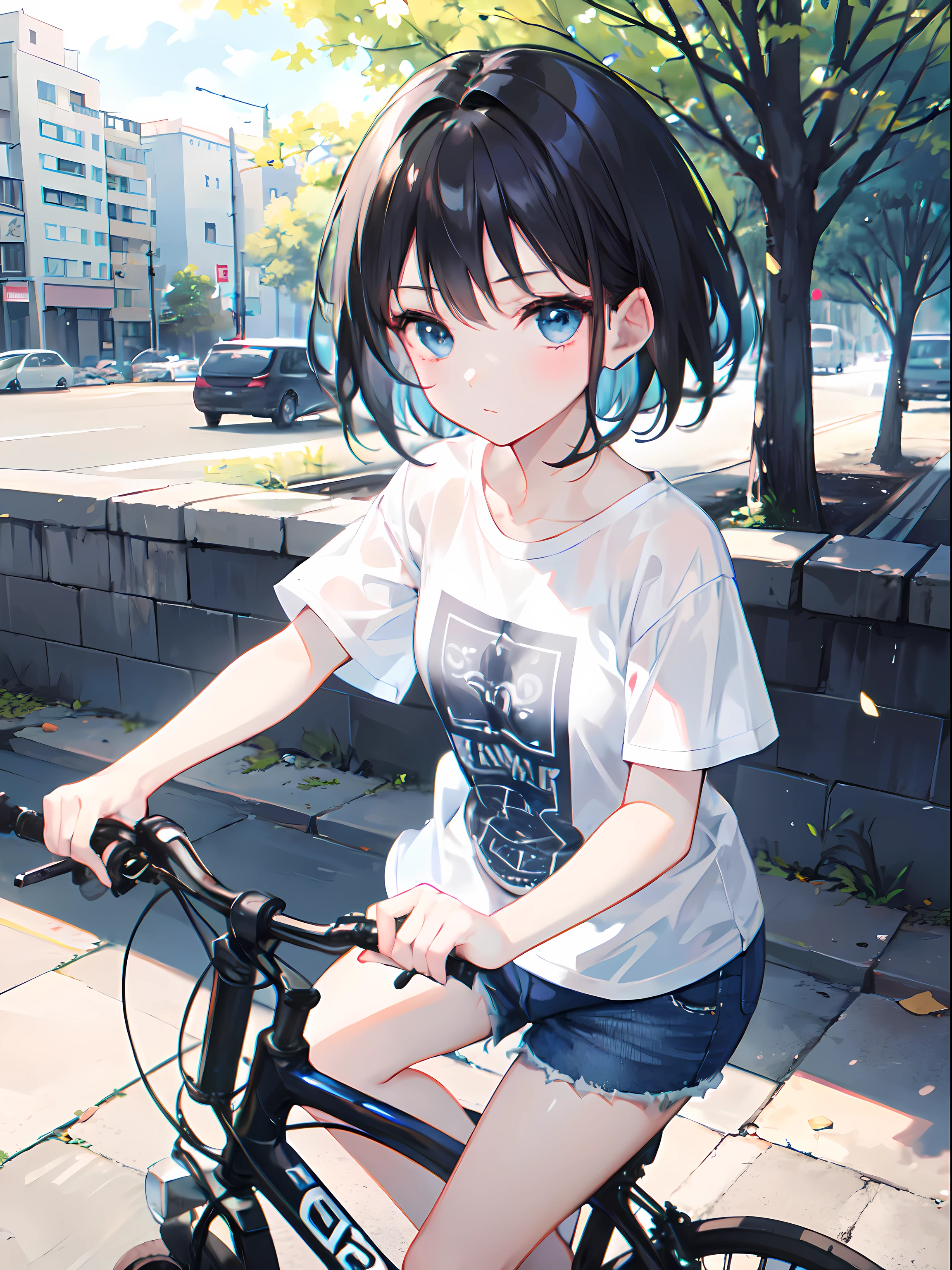 1girl, short black hair, blue eyes, wearing plain white t-shirt, denim shorts, hi res, looking at viewer, riding bike