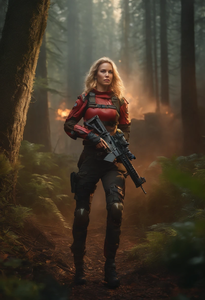 (photorealistic)++, beautiful lighting, masterpiece++, best quality++, realistic, full body portrait, real picture, intricate details, depth of field, 1girl, A very muscular solider girl with Short Blonde Dreadlocks holding a rifle, (wearing Red Light Assault mecha armor, combat harness, Neon highlights), long camo cape, holding a assault rifle, m4a1, inside a burning forest, Rain, Stormy, Explosions, Smoke, highly-detailed, perfect face, blue eyes, lips, wide hips, small waist, tall, make up, Fujifilm XT3, professional majestic photograph by Ed Blinkey, Atey Ghailan, Studio Ghibli, by Jeremy Mann, Greg Manchess, Antonio Moro, trending on ArtStation, trending on CGSociety, Intricate, High Detail, Sharp focus, dramatic, photorealistic painting art by midjourney and greg rutkowski , RAW photo, 8k uhd, film grain