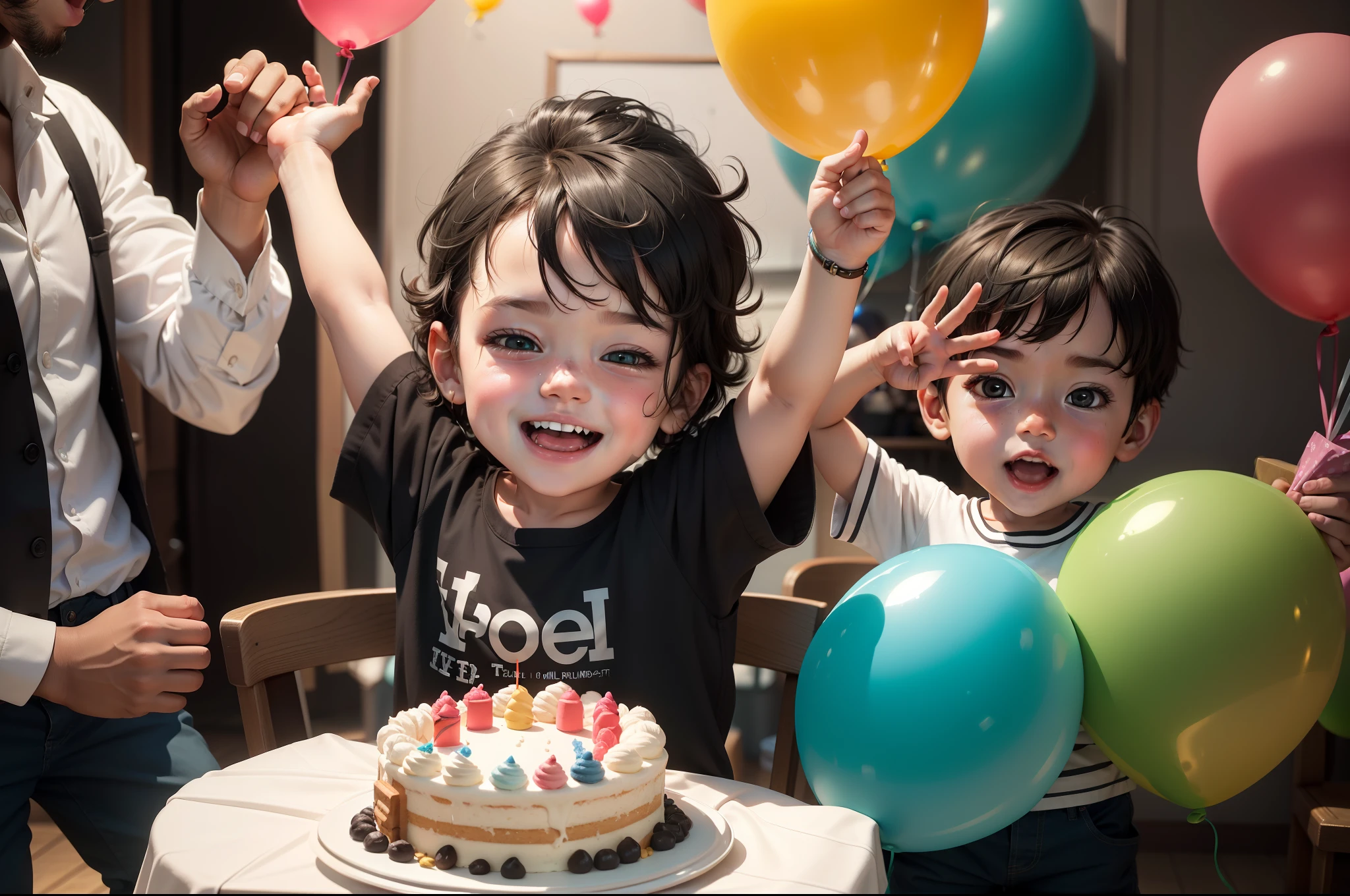 Description of a photo of a celebrating his second birthday, Imagine a bright morning filled with joy and cheer, You find yourself in a beautiful garden decorated with colorful balloons and bright decorations, You see a beautifully decorated table filled with colorful cakes and sweets, see the little bobrating his second birthday, Dressed in a colorful and cheerful outfit, the baby looks happd excited for this special occasion, You watch the child laugh and enjoy having friends and family around, He sits on a small chair and tries to blow out the candles on a delicious birthday cake, He wishes the child with all strength and happiness and everyone starts clapping and cheering full of joy, You feel so warm and happy watching this special moment, You see other children playing, laughing and enjoying toys and gifts, Laughter and joy fill the air, and you feel the happiness and joy of this little boy who is cting his second birthday, This is a photo of a child celebrating his second birthday, surrounded by friends, family and joy, The child feels happy and joyful and enjoys gifts, sweets and special moments, ((the color of the cake is green)), (the child has a beige skin color), ((black eyes)), (2 years old), (2nd birthdayballoon number 2, ((child boy)), ((baby boy)), 8k, higlty, realistic,ul realistic, Cool details, raw photo, realistic clothing, realistic hair, Light and cool lighting, photo realistic, Cel shaded, Gel lighting, ultra details, realistic eyes