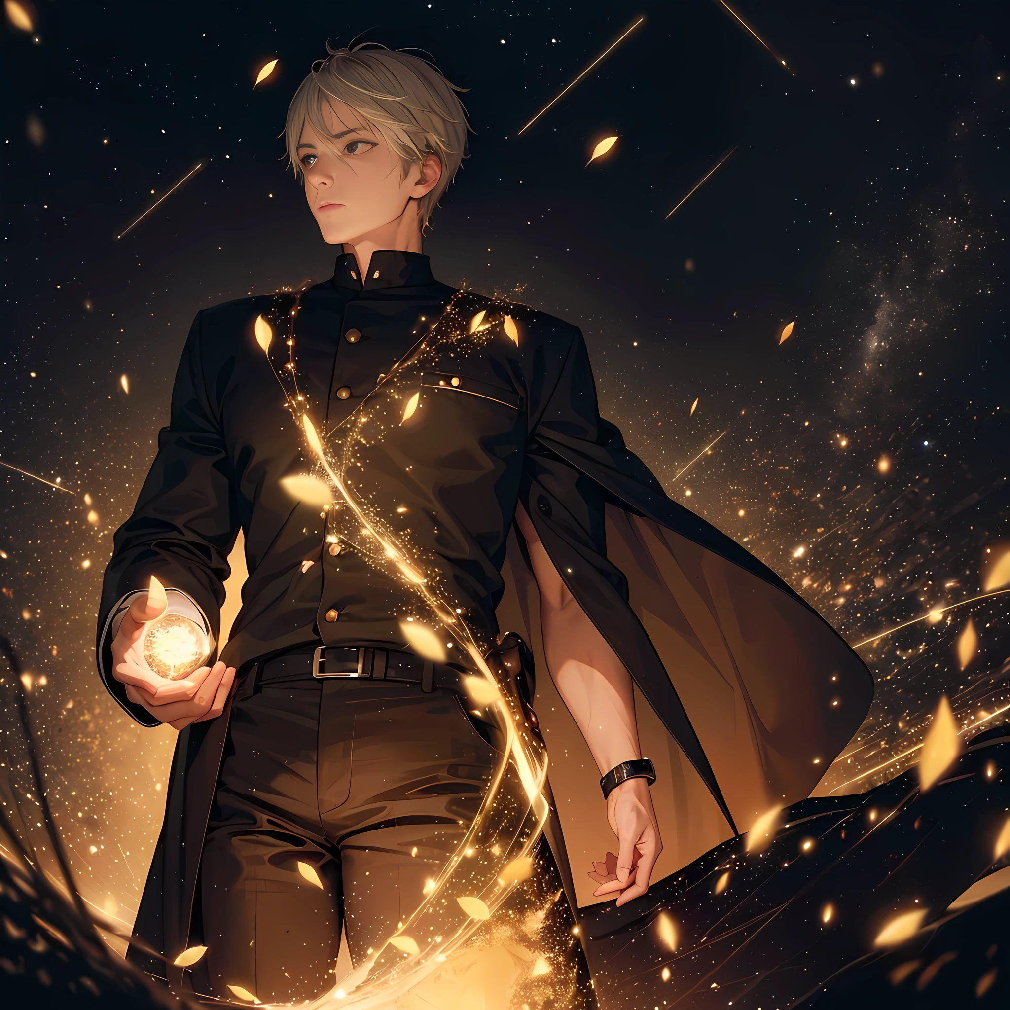 A man made of fireflies, surrounded by fireflies.