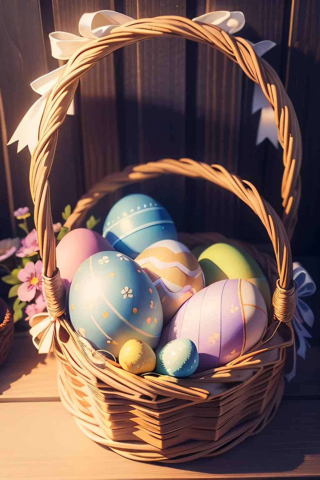 a wicker basket filled with Easter eggs on a wooden table. The basket is decorated with a blue bow and willow branches. The Easter eggs are a variety of colors, including red, yellow, blue, green, and purple. Some of the eggs are decorated with designs, such as flowers, bunnies, and chicks.

The image is well-composed and balanced. The basket is placed in the center of the image, and the Easter eggs are arranged in a way that creates a sense of harmony. The blue bow and willow branches add a touch of whimsy and springtime.