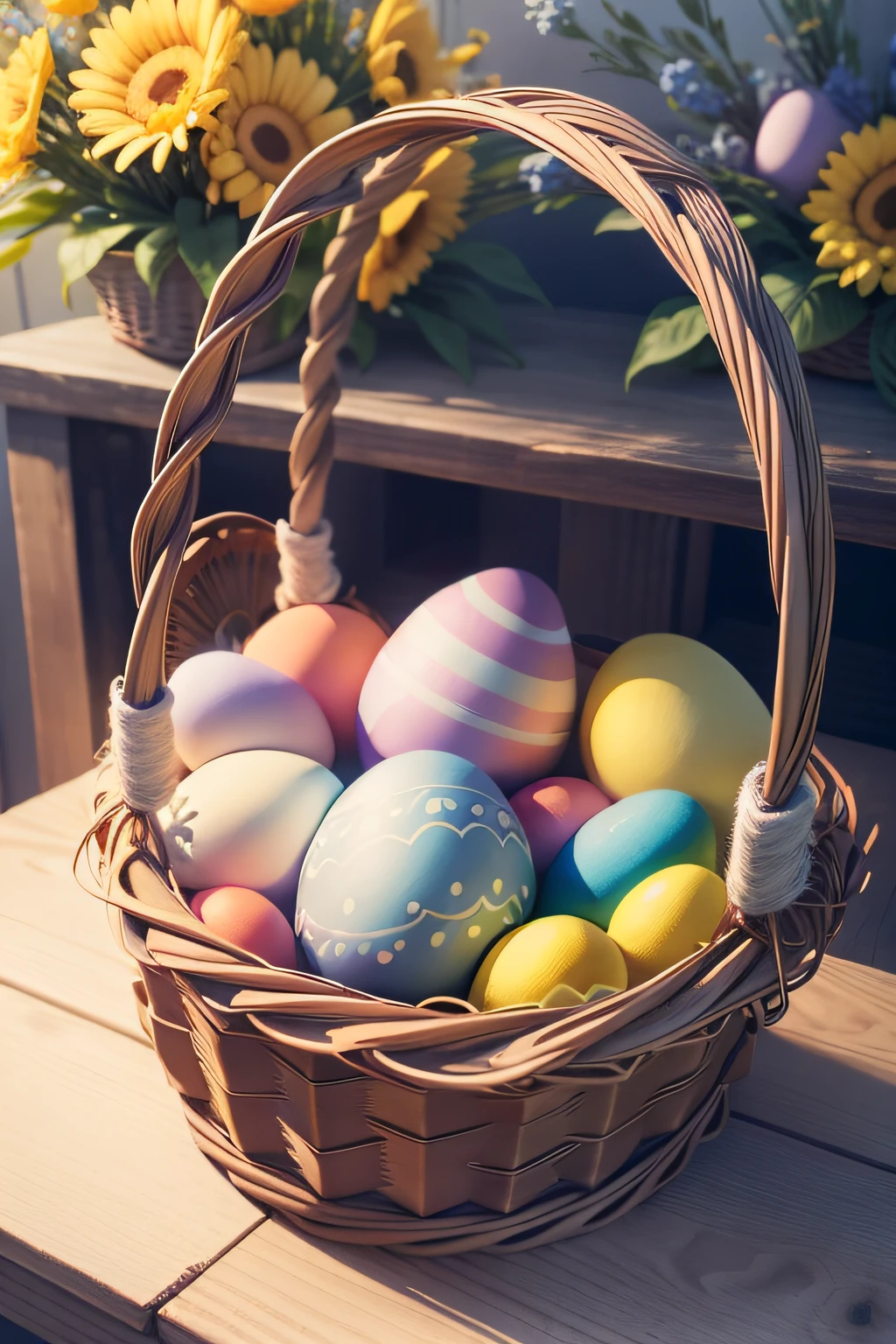 a wicker basket filled with Easter eggs on a wooden table. The basket is decorated with a blue bow and willow branches. The Easter eggs are a variety of colors, including red, yellow, blue, green, and purple. Some of the eggs are decorated with designs, such as flowers, bunnies, and chicks.
The image is well-composed and balanced. The basket is placed in the center of the image, and the Easter eggs are arranged in a way that creates a sense of harmony. The blue bow and willow branches add a touch of whimsy and springtime.