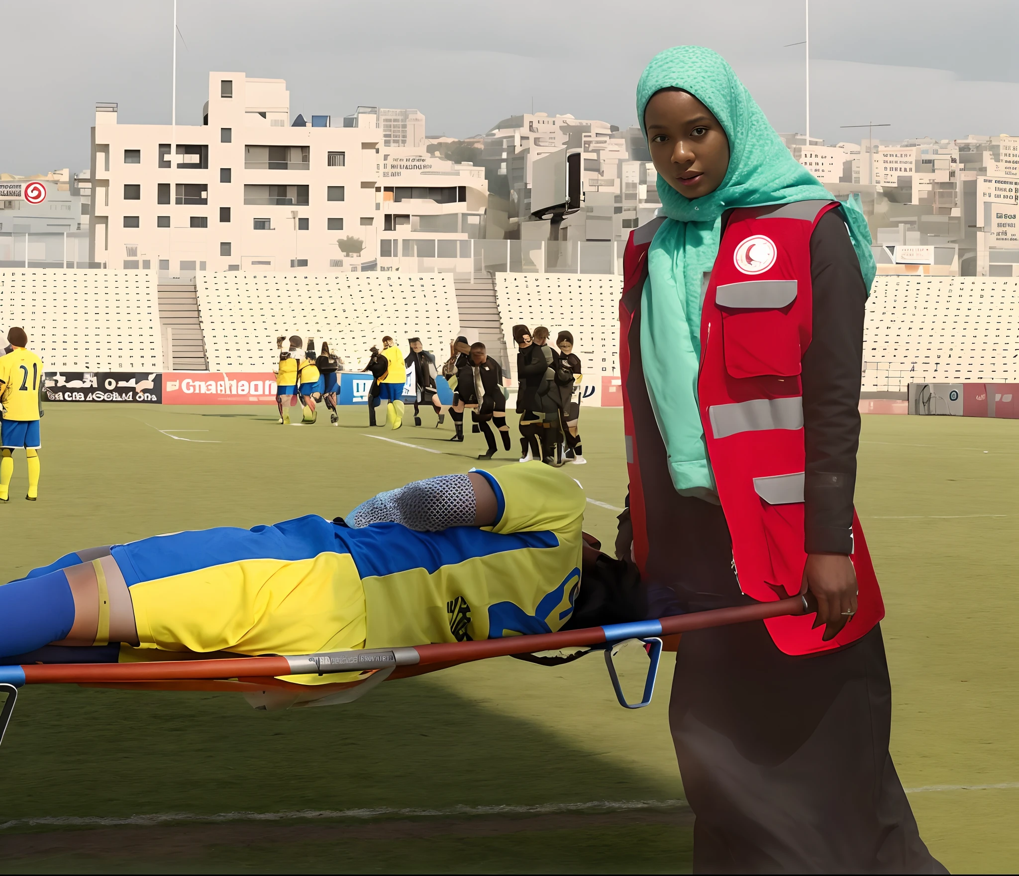 soccer accident, sports injury, soccer match in a crowded stadium, injury scene, there is a sportsman in matte cotton sportswear lying injured on a stretcher, there is an injured sportsman in matte cotton sportswear lying on his side on a stretcher with a bandaged ellbow, an injured sportsman in matte cotton sportswear is lying on his side on a strecher being carried by an extrovert blond woman in a high shine long moncler coat, an injured sportsman is writhing in ecstasy on a stretcher while lying on his side, dramatic pity pose, there is a blond shouting and crying woman in a high-shine puffy coat, a high-shine black down coat, a long black moncler coat, a wetlook down coat, a wet black laquered coat, a excited screaming blond woman is wearing a wetlook black latex-coat, injured, medic, soccer action pose, affection pose, lecherous action pose, dramatic action pose, theatralic pose, there is an attractive woman that is carrying a sportsman in matte cotton sportswear, there is a beautiful woman in a shiny coat who is carrying a man on a stretcher, a longhaired beautiful woman in a high-shine black puffy coat, a longhaired woman in a shiny downcoat, a woman is carrying a shorthaired man in matte cotton sportswear on a stretcher, a weak man in spots shorts is consciousless and needs to be carried, a shorthaired man with a bandaged ellbow is carried away on a stretcher, a woman looks very scared and terrified, a sportsman in matte cotton sportswear is suffering very much on a stretcher, photo, photo shoot, photographed , accident, help, aid, first aid, pity