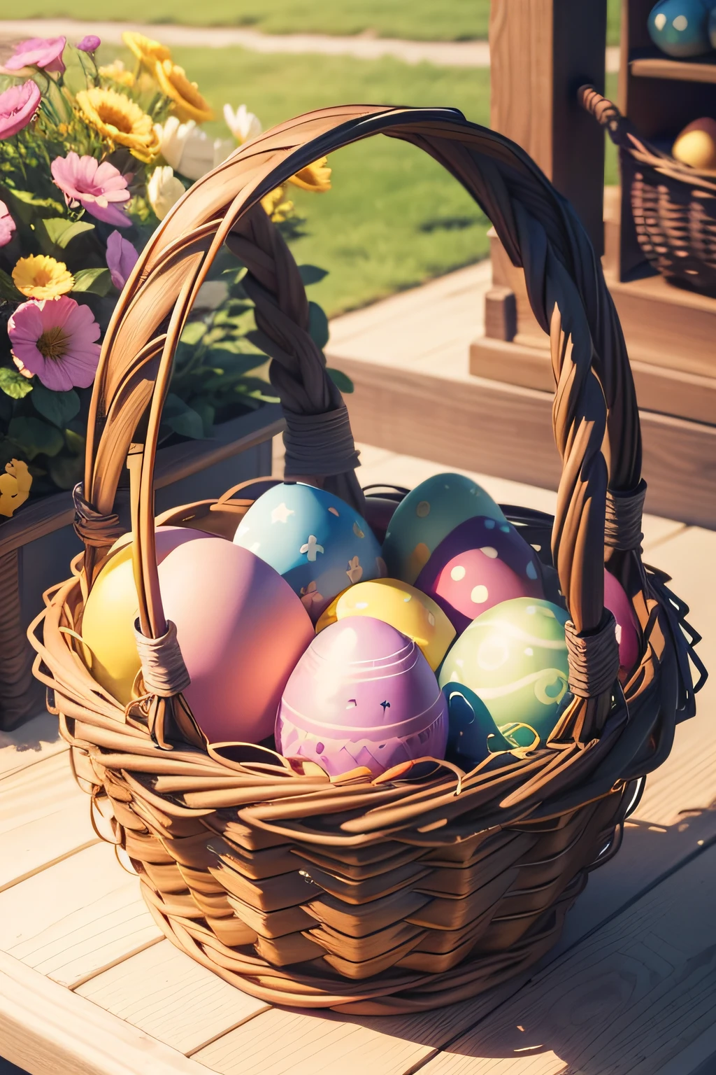 a wicker basket filled with Easter eggs on a wooden table. The basket is decorated with a blue bow and willow branches. The Easter eggs are a variety of colors, including red, yellow, blue, green, and purple. Some of the eggs are decorated with designs, such as flowers, bunnies, and chicks.
The image is well-composed and balanced. The basket is placed in the center of the image, and the Easter eggs are arranged in a way that creates a sense of harmony. The blue bow and willow branches add a touch of whimsy and springtime.