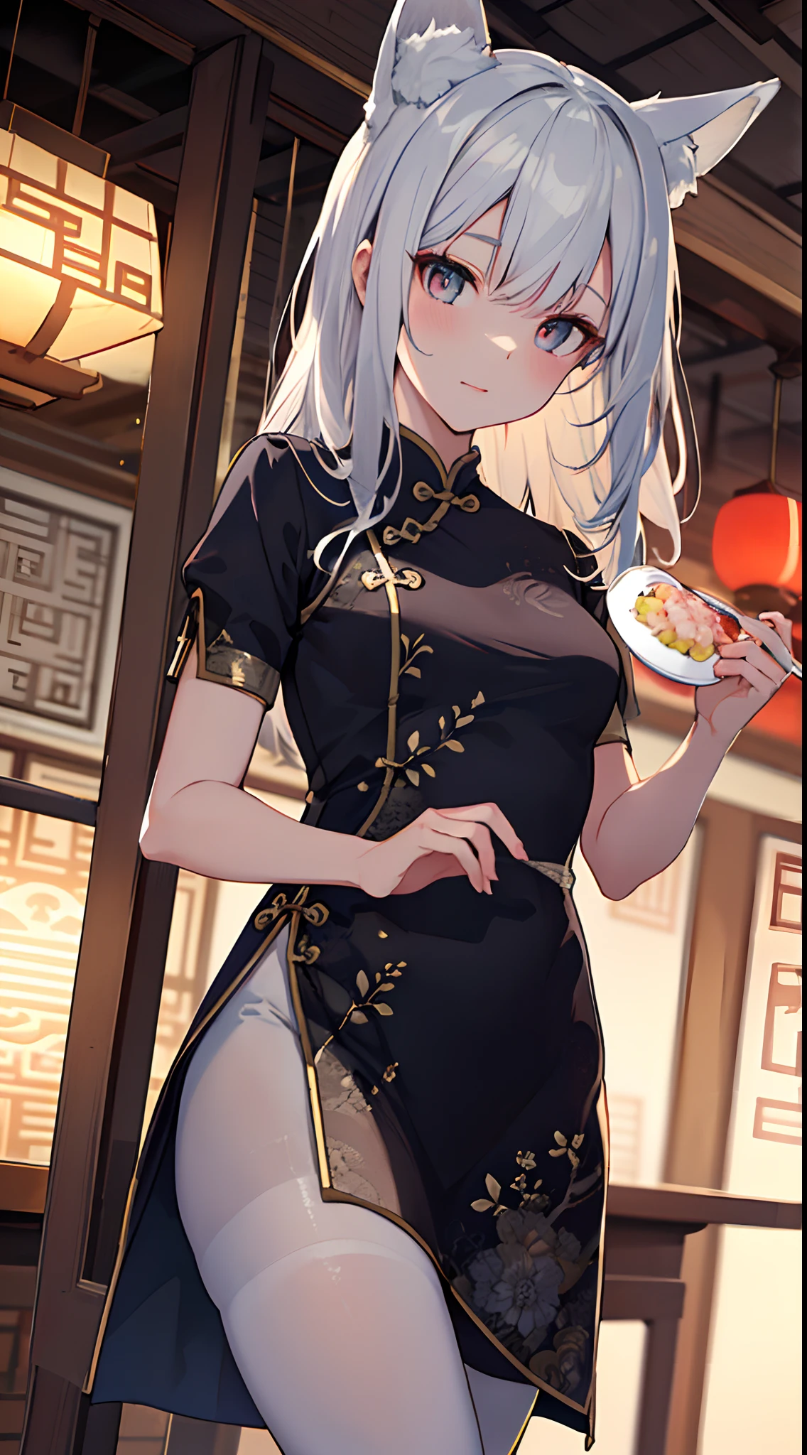 (masterpiece, best quality:1.3),beautiful detailed glow,best illuminate,(((best quality,textile shading,ultra detailed))),extremely detailed CG unity 8k wallpaper,Highly Detailed beautiful and aesthetic,best light,high resolution,detailed,dynamic lighting,Cheongsam
1girl, solo,fox girl, restaurant, small river, Chinese style clothes, medium breasts, intricate details,white hair，close-up,(white pantyhose)