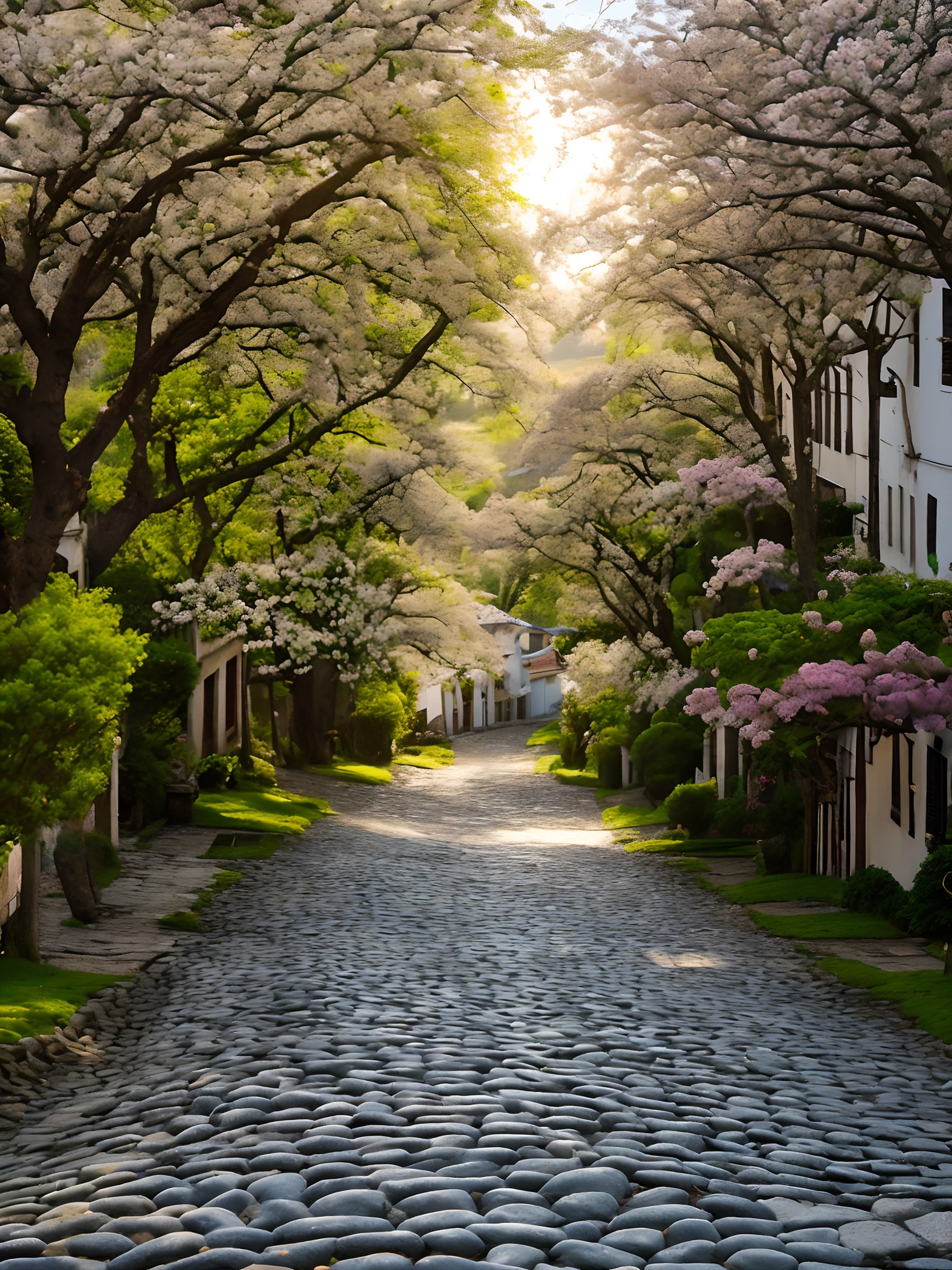 scenecy, Cobblestone street, large flowering trees, borboletas voadoras, nascer do sol, Rural area, horizonte, Cobblestone street.