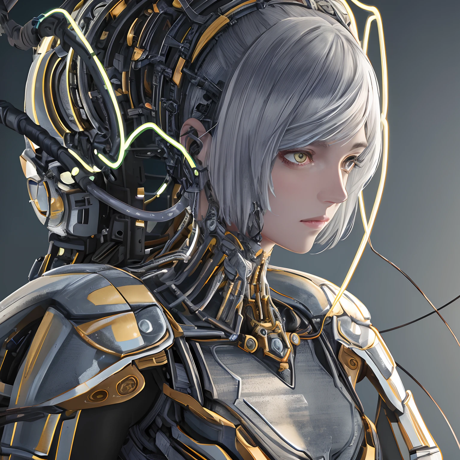 1mechanical girl,ultra realistic details, portrait, global illumination, shadows, octane render, 8k, ultra sharp,intricate, ornaments detailed, cold colors, metal, egypician detail, highly intricate details, realistic light, trending on cgsociety, glowing eyes, facing camera, neon details, machanical limbs,blood vessels connected to tubes,mechanical vertebra attaching to back,mechanical cervial attaching to neck,sitting,wires and cables connecting to head
