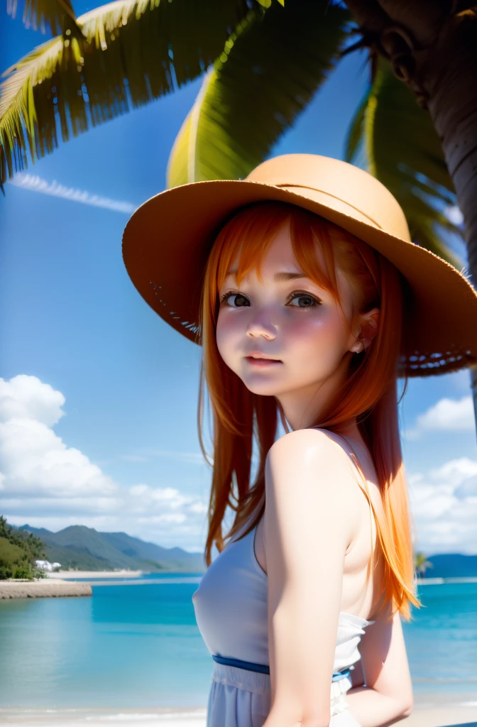 ((Extremely detailed)),, (8K), Best Quality, (Beautiful),((masutepiece)), ((Best Quality)), Beautiful girls,Realistic portraits,a straw fedora hat, (Ultra-detailed), ((kawaii)), Cute, (lovely),plein air、blured background:1.5、((South Island、Palm trees、Blue Sea、blue open sky、cumulonimbus clouds))