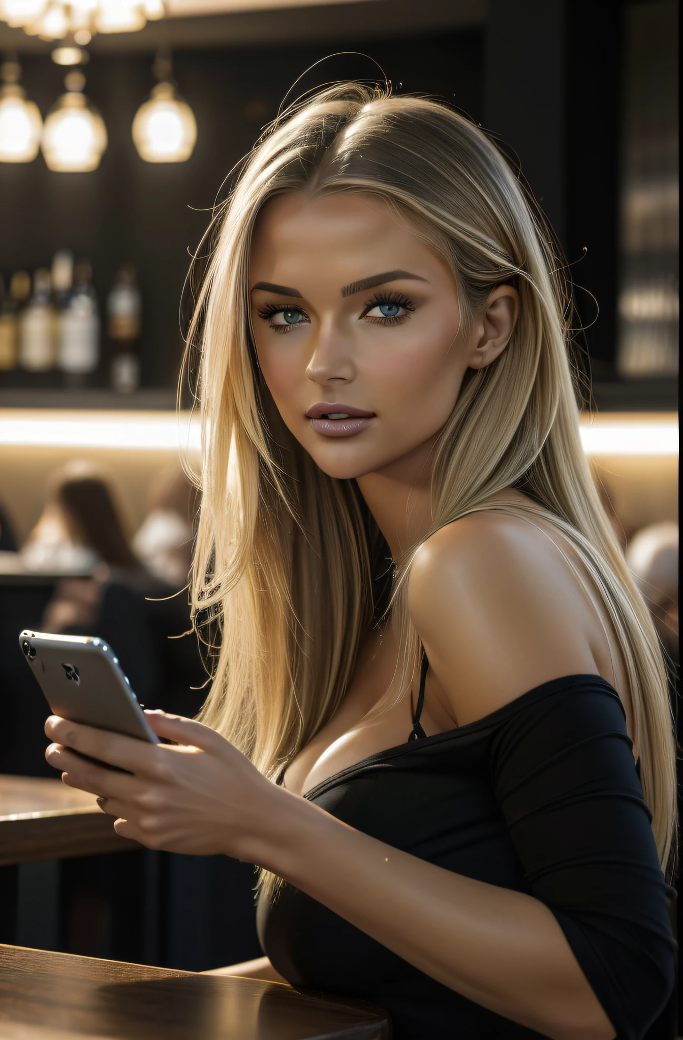 (Mikayla Demaiter) Selfie-Aufnahme, 23yo women in a crowded bar, die an einem Tisch sitzen，Handy in der Hand halten, ihr Handy checken, ihr Handy checken, Tragen Sie ein gelb-schwarzes T-Shirt, Blonde Frau, Broad smile, Gelb-schwarzes T-Shirt voller Details, essend, She is holding a smartphone in her hand, abgelenkt aussehen, Gute Augen (Aufhellendes Licht:1.2), (increase quality:1.4), (Best Quality Real Texture Skin:1.4), fein detaillierte Augen, (Echtes Gesicht: 1.4), (blondes Haar, Lange Haare: 1.3), Frisur, (Echte Haut: 1.3), beautiful skin, Attraktiv, ultra high resolution, ultra realistisch, hight resolution, Goldener Schnitt, (detailliertes Gesicht: 1.4), Hintergrund verwischen, bokeh, Sanftes Licht,