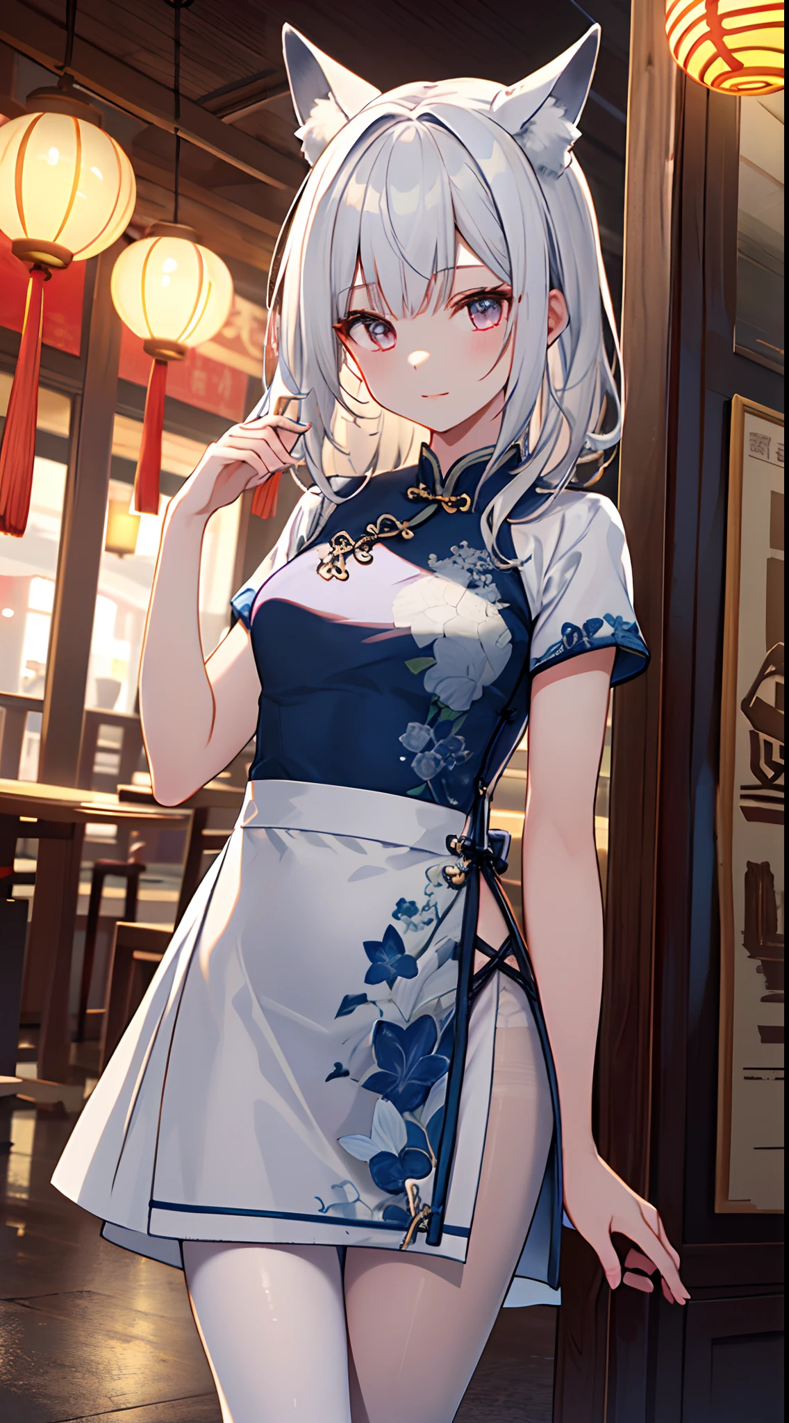 (masterpiece, best quality:1.3),beautiful detailed glow,best illuminate,(((best quality,textile shading,ultra detailed))),extremely detailed CG unity 8k wallpaper,Highly Detailed beautiful and aesthetic,best light,high resolution,detailed,dynamic lighting,Cheongsam
1girl, solo,fox girl, restaurant, small river, Chinese style clothes, medium breasts, intricate details,white hair,close-up,(white pantyhose)