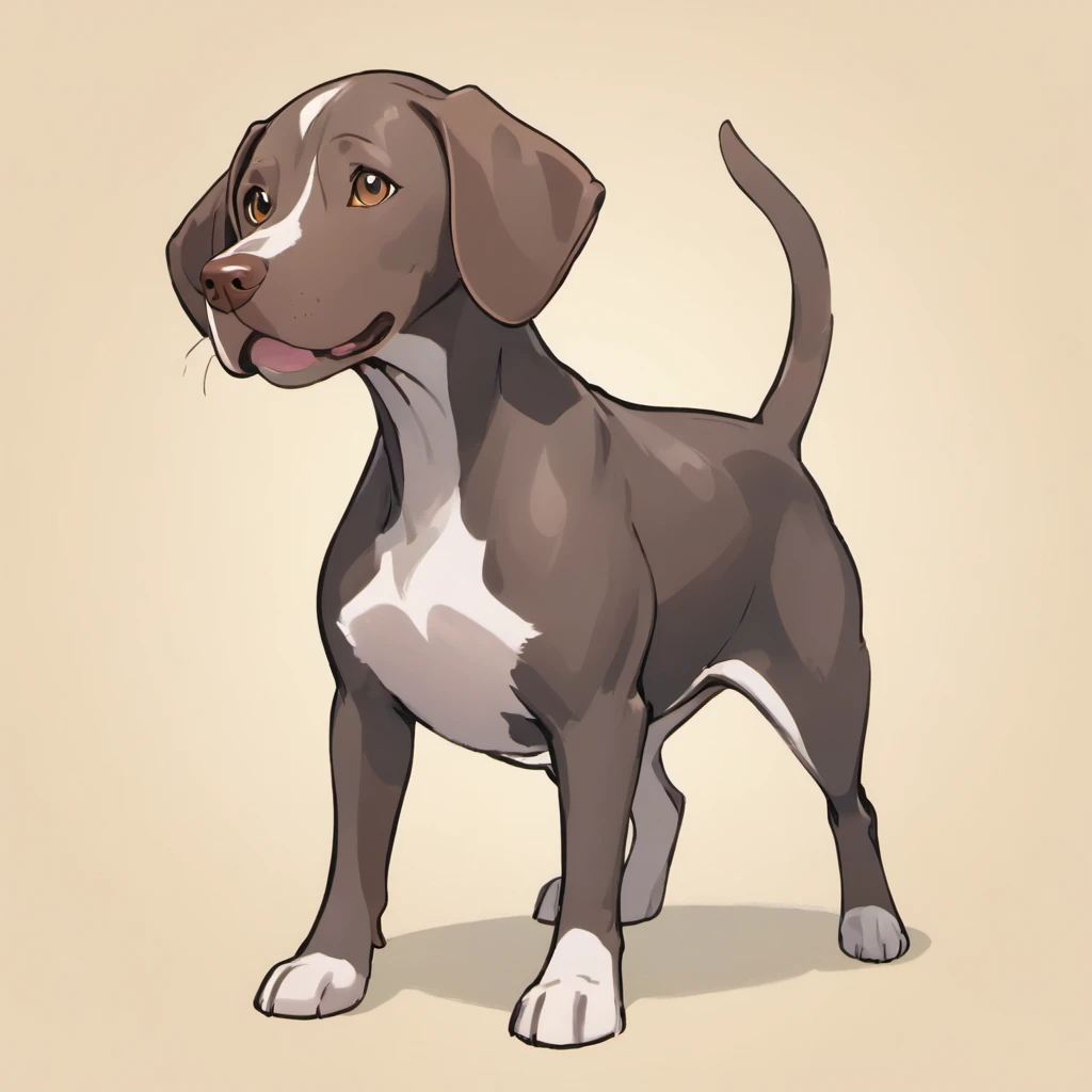 The German Shorthaired Pointer is a distinct and recognizable breed, celebrated for its robust athleticism and dynamic appearance. These dogs are of medium to large size, boasting a well-defined, muscular build. German Shorthaired Pointers are highly regarded as versatile hunting dogs, cherished companions, and skilled athletes, largely due to their adaptable nature and keen intelligence.

German Shorthaired Pointers possess a sleek and short coat that is easy to maintain. Their coat can be seen in a variety of colors, most commonly liver (a rich brown) or black, often with white markings. This practical coat design is perfect for agile movement in the field, where they excel in hunting game.

In regard to their head and facial features, German Shorthaired Pointers showcase a strong, expressive head with a prominent stop where the forehead meets the muzzle. Their eyes are dark and exude a spirited and intelligent gleam, contributing to their alert and engaging expression. The nose is typically brown, and their ears are of medium size, positioned close to the head.

The body of a German Shorthaired Pointer is well-balanced and muscular, characterized by a robust neck and a deep, strong chest. Their back is level and leads to a gracefully sloping croup. The tail is of moderate thickness at the base and is carried at a natural level. It is often docked to a certain length, in line with breed standards, for safety and aesthetics.

German Shorthaired Pointers are celebrated for their adaptability, intelligence, and athleticism, making them exceptional companions for various activities, including hunting, sports, and outdoor adventures. Their distinctive appearance and spirited personality make them an iconic and cherished breed in the world of dogs, drawn in the sowsow pokemon art style, cute smile,