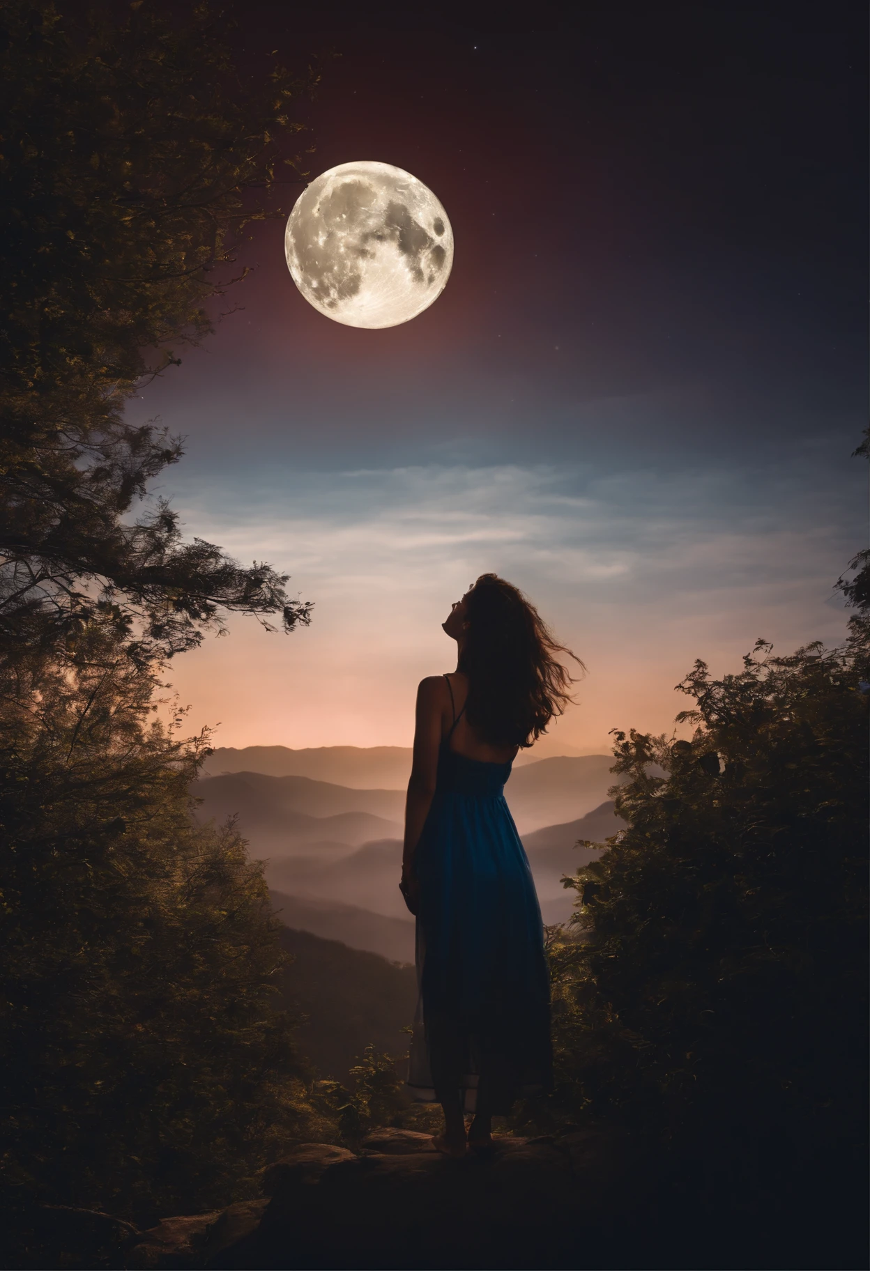 Full Moon Sky、nigh sky、Girl Looking Up At the Sky