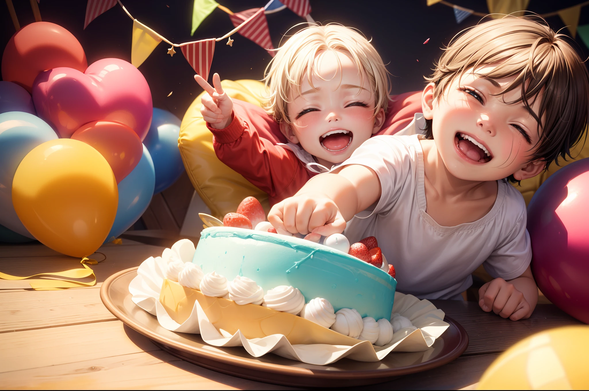 Description of a photo of a celebrating his second birthday, Imagine a bright morning filled with joy and cheer, You find yourself in a beautiful garden decorated with colorful balloons and bright decorations, You see a beautifully decorated table filled with colorful cakes and sweets, see the little bobrating his second birthday, Dressed in a colorful and cheerful outfit, the baby looks happd excited for this special occasion, You watch the child laugh and enjoy having friends and family around, He sits on a small chair and tries to blow out the candles on a delicious birthday cake, He wishes the child with all strength and happiness and everyone starts clapping and cheering full of joy, You feel so warm and happy watching this special moment, You see other children playing, laughing and enjoying toys and gifts, Laughter and joy fill the air, and you feel the happiness and joy of this little boy who is cting his second birthday, This is a photo of a child celebrating his second birthday, surrounded by friends, family and joy, The child feels happy and joyful and enjoys gifts, sweets and special moments, ((the color of the cake is green)), (the child has a beige skin color), ((black eyes)), (2 years old), (2nd birthdayballoon number 2, ((child boy)), ((baby boy)), 8k, higlty, realistic,ul realistic, Cool details, raw photo, realistic clothing, realistic hair, Light and cool lighting, photo realistic, Cel shaded, Gel lighting, ultra details, realistic eyes