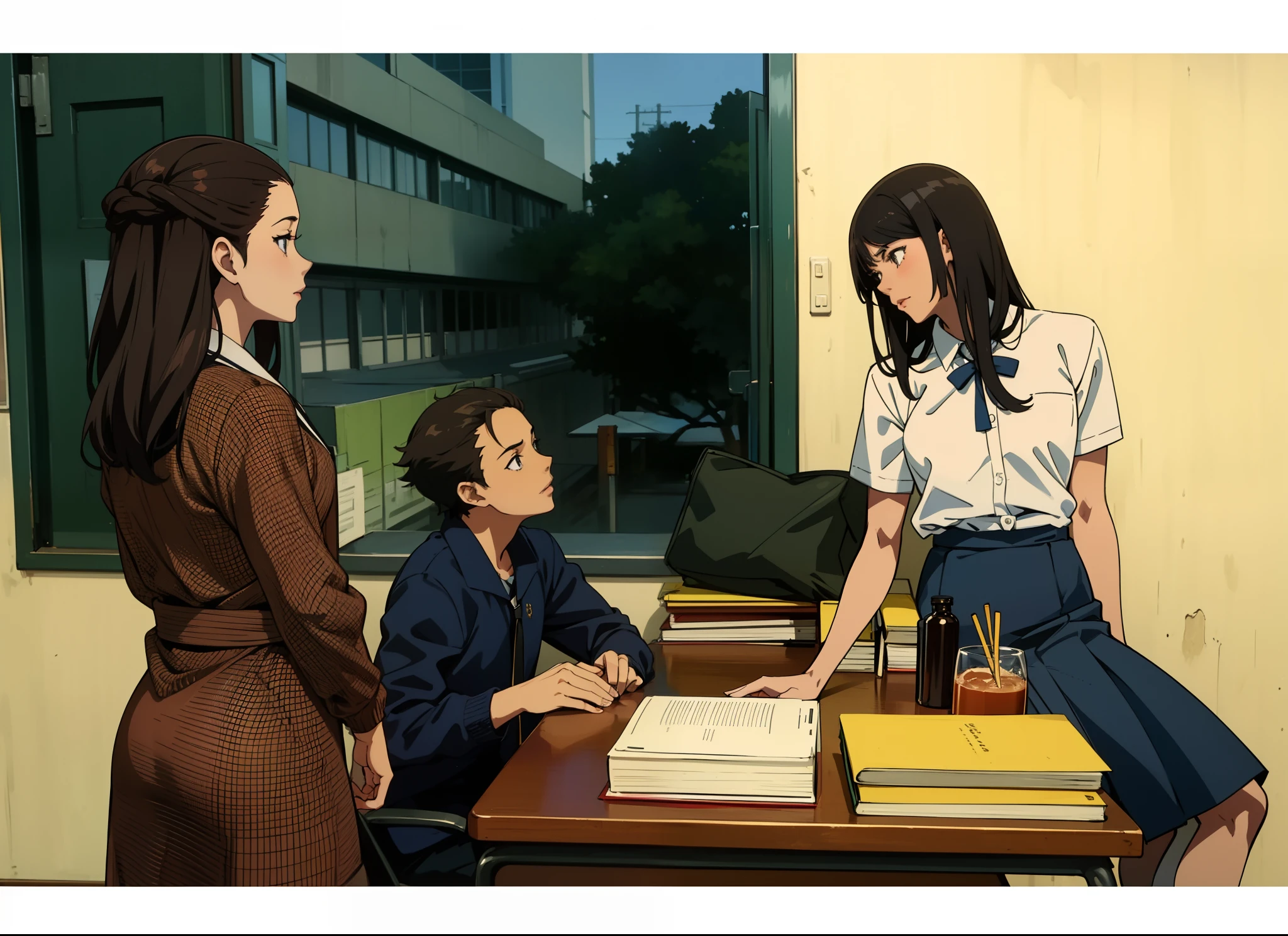 Anime scene, 1girl, highschool girl on the right, two teachers on the left, looking at each other