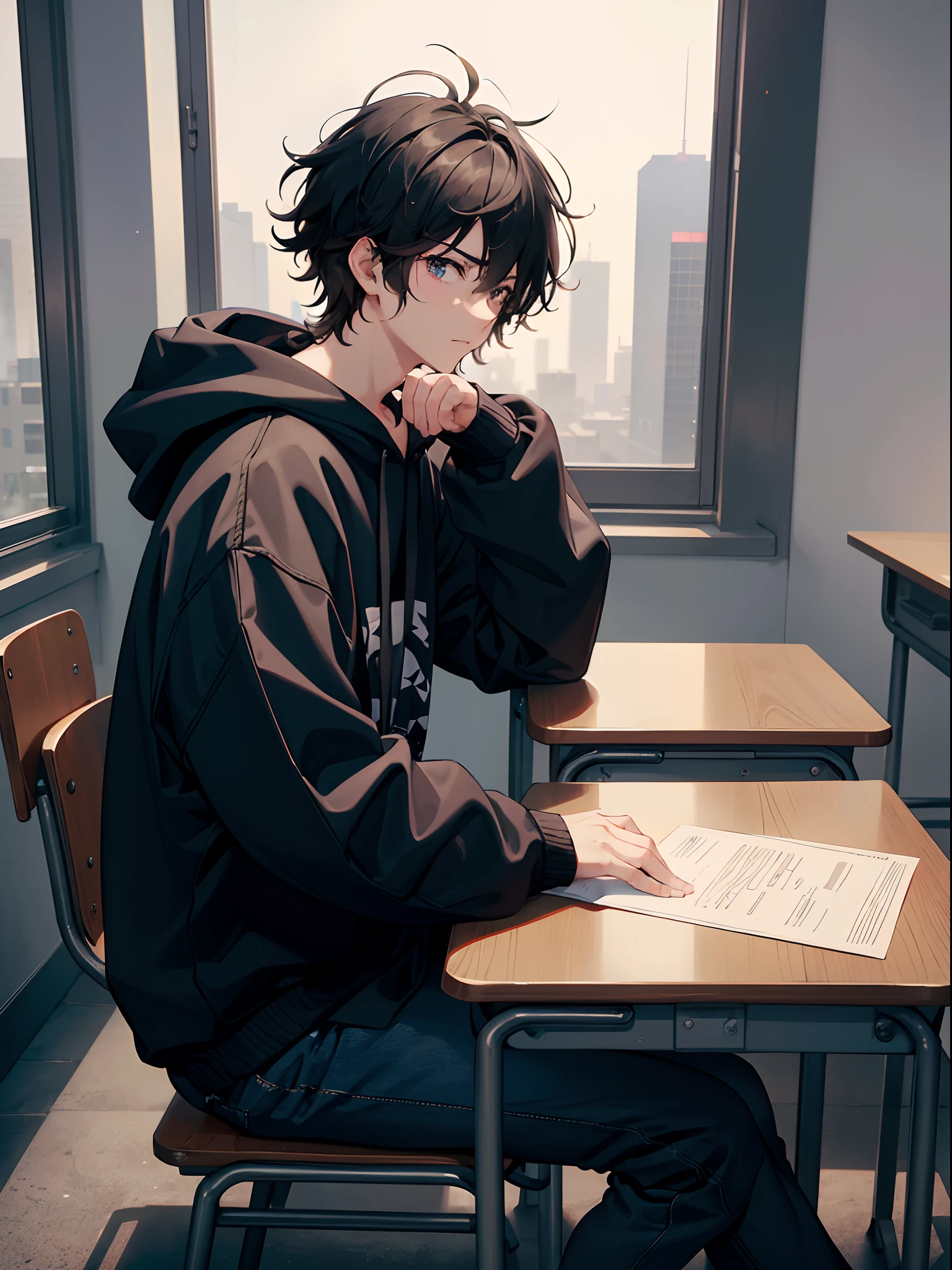 1male, short black hair, messy hair, fluffy hair, depressed, sad, side profile, sitting at desk, wearing black hoodie, wearing black jeans, school classroom, absurdres, high res, ultrasharp, 8k, masterpiece, looking at viewer
