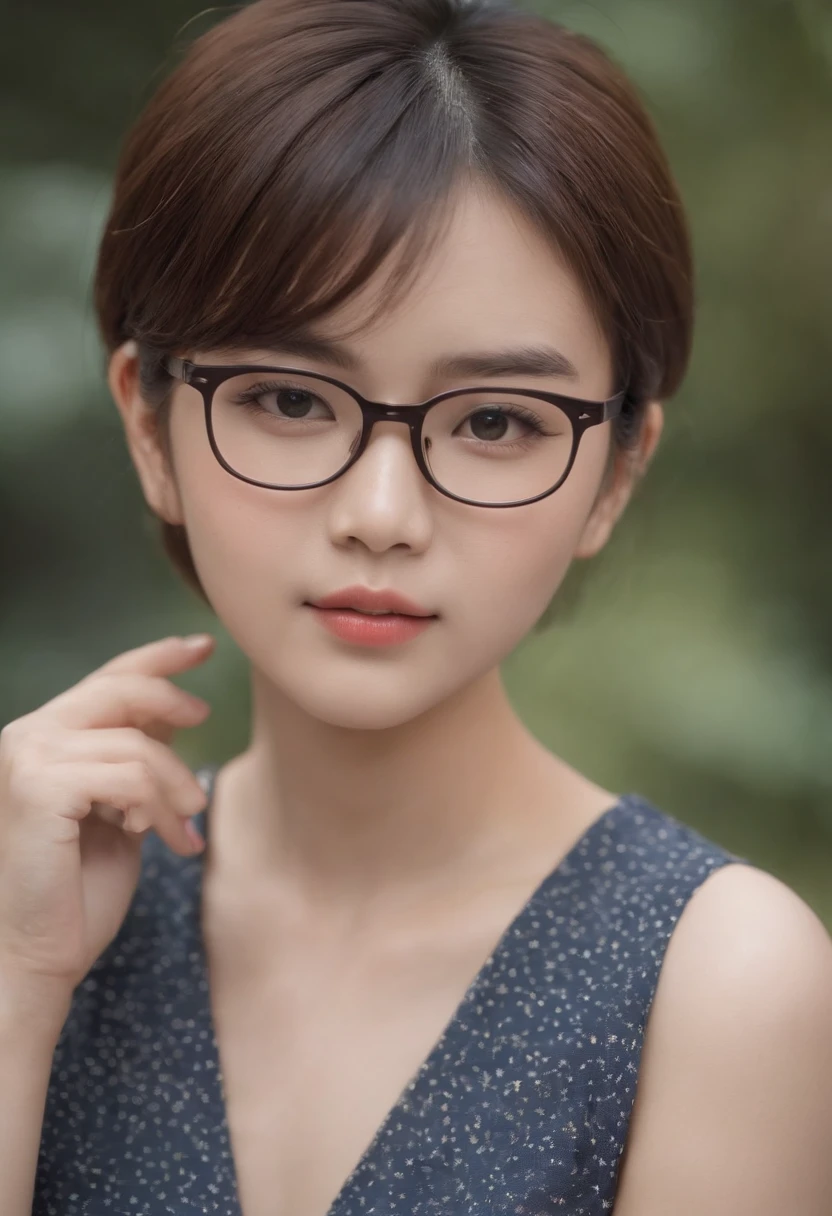masterpiece, beautiful young girl japanese-indonesian, cute young girl in a shirt and short skirt, girl with a wolfcut hair (short haired), girl wearing thin rounded glasses, cute young woman, asian, background placed in Indonesia