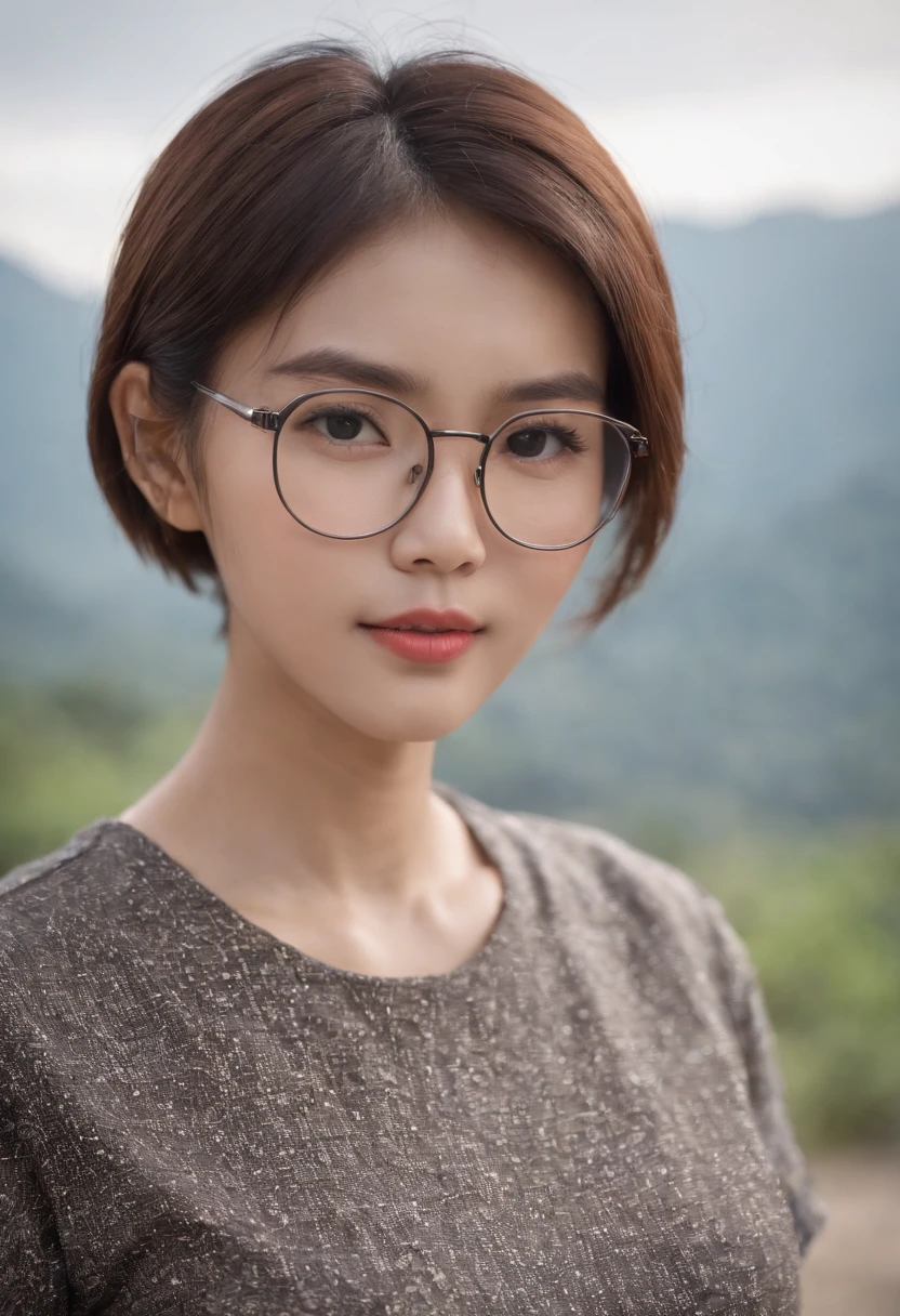masterpiece, beautiful young girl japanese-indonesian, cute young girl in a shirt and short skirt, girl with a wolfcut hair (short haired), girl wearing thin rounded glasses, cute young woman, asian, background placed in Indonesia