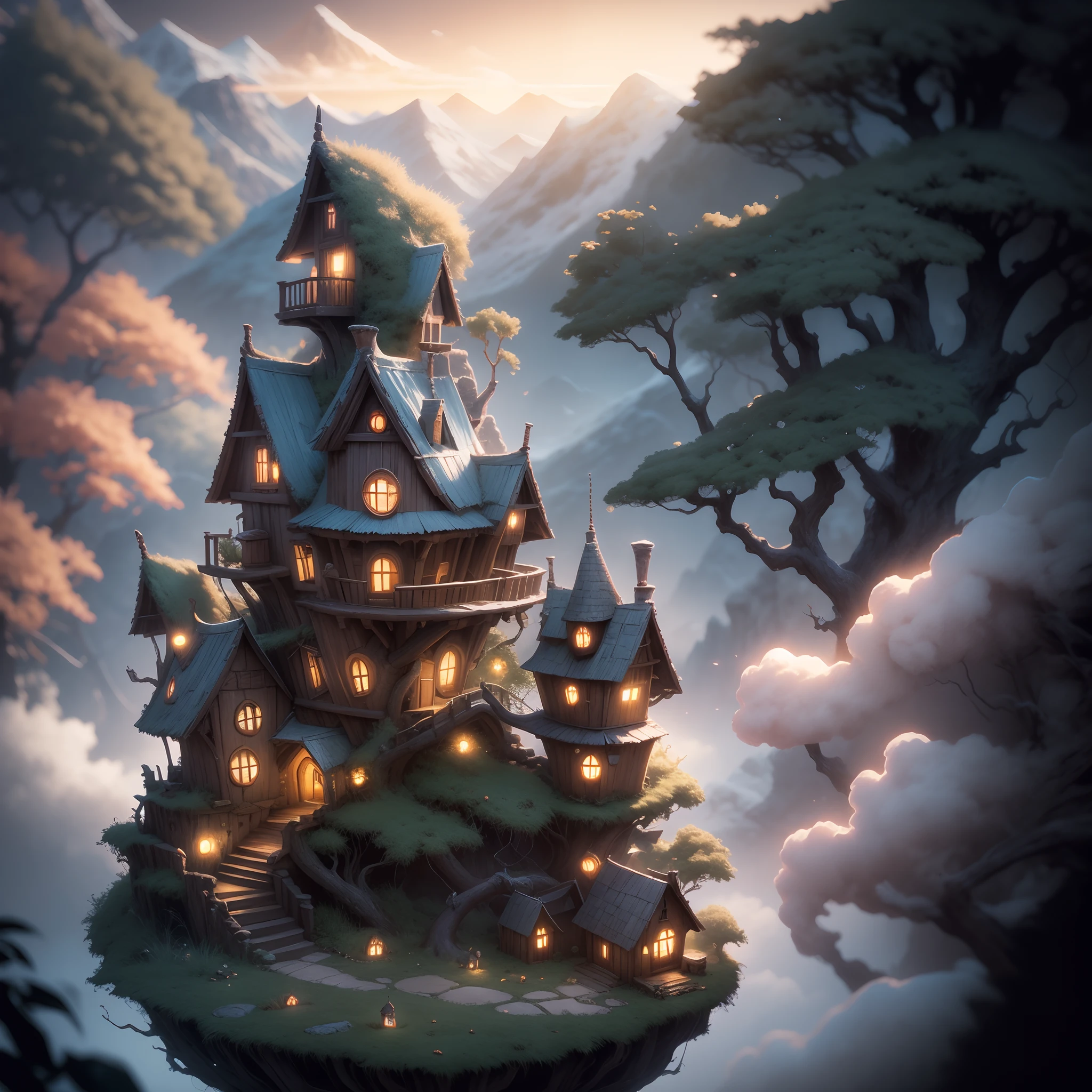Valley, Fairytale treehouse village covered, , matte painting, Highly detailed, Dynamic lighting, Cinematic, Realism, Realistic, Photorare, Sunset, Detailed, High contrast, denoise, Centered, by Michael Whelan