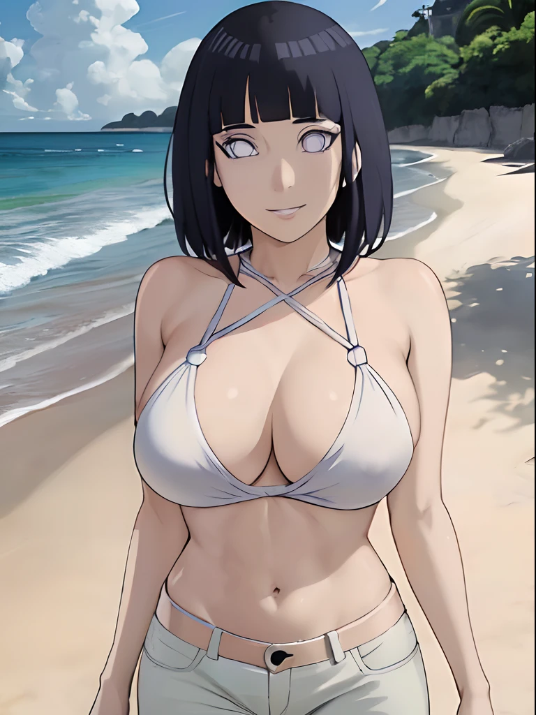 (Wallpaper, (Hinata\(bolts\), masutepiece, 4K, Vector coloring, FULL BODYSHOT, Contrast lighting, maturefemale, (Curve:0.8), Solo, Anime style, Sharp Focus, Professional artwork, Intricate details, Detailed beach background, Colorful, Vibrant colors, Vivid colors, digital blending, ultra detailed body, Ultra Detail Hair, ultra detail face, trending on pixiv, very hot colors, A clear day, plein air, Detailed bold arm lines, High color saturation, bold lines, bold drawing lines),
(Standing, Open mouth, kindly smile, very happy, goodbye, Sexy Pose),
((Dark blue hair color:1.1), Wavy Hair, ((Short hair, hime-cut)),
(Perfect eyes, White Sierra, Bright eyes, White eyes, anime eyes, smoky eyeliner, eyeshadows)
(White skin, Slender body, A MILF, Navel, groin, Flat belly, Perfect face, perfect thighs),
(thighs thighs thighs thighs, Legs, Big breasts, perky tits, off shoulders, (groin, detailed shoulders),
(Almost naked, Only white clothes, Bare chest, Bare shoulders, Bare hands, Bare legs),
( toppless, White pants, No top)