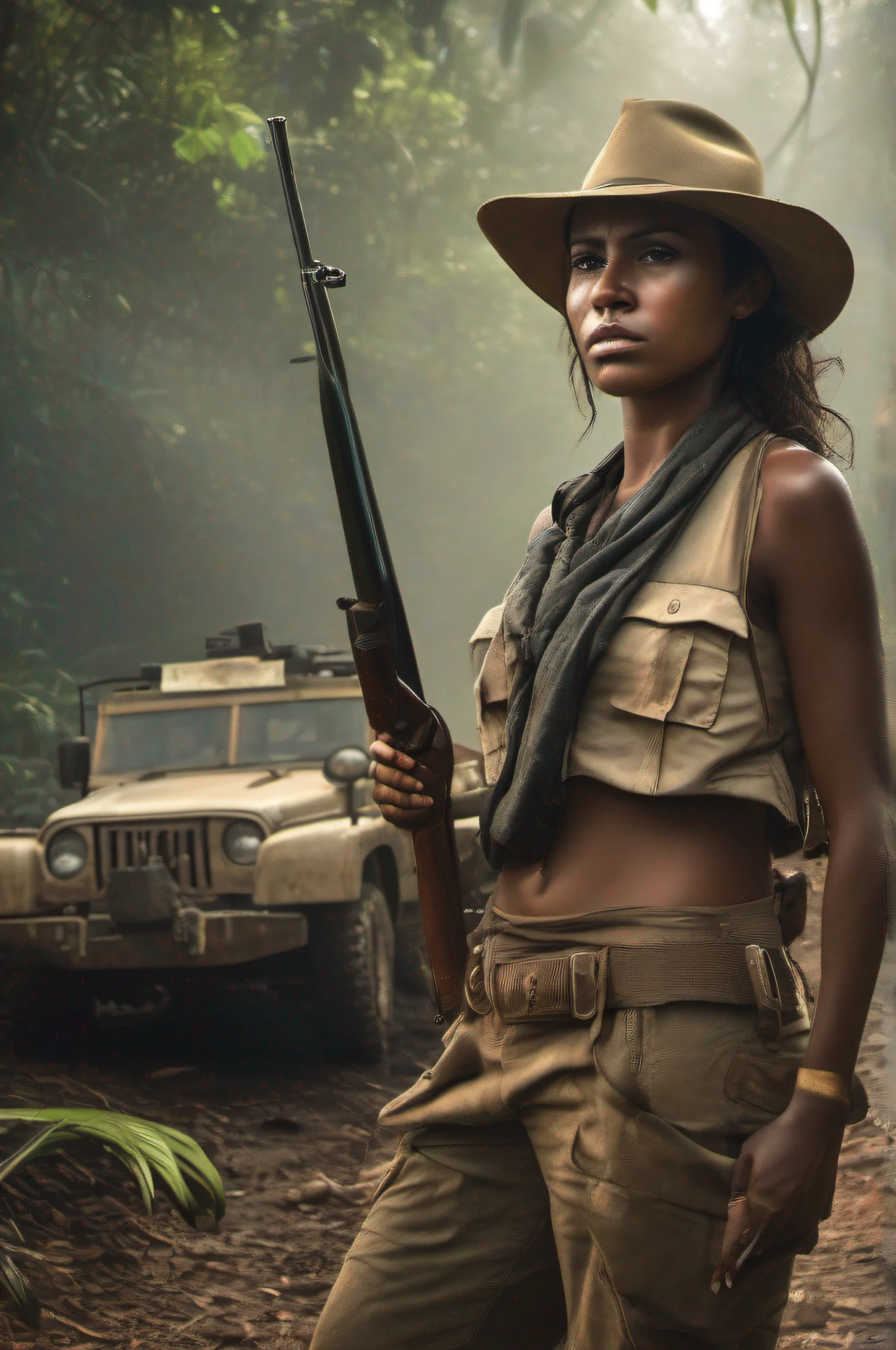 In the middle of the Amazon jungle, a woman, 30 years old, beautiful, Brazilian, dark-skinned, dirty and sweaty, dressed in dirty and worn safari clothes, with a rifle in her hand, expression of courage, hyperrealistic photography, high level of details and resolution
