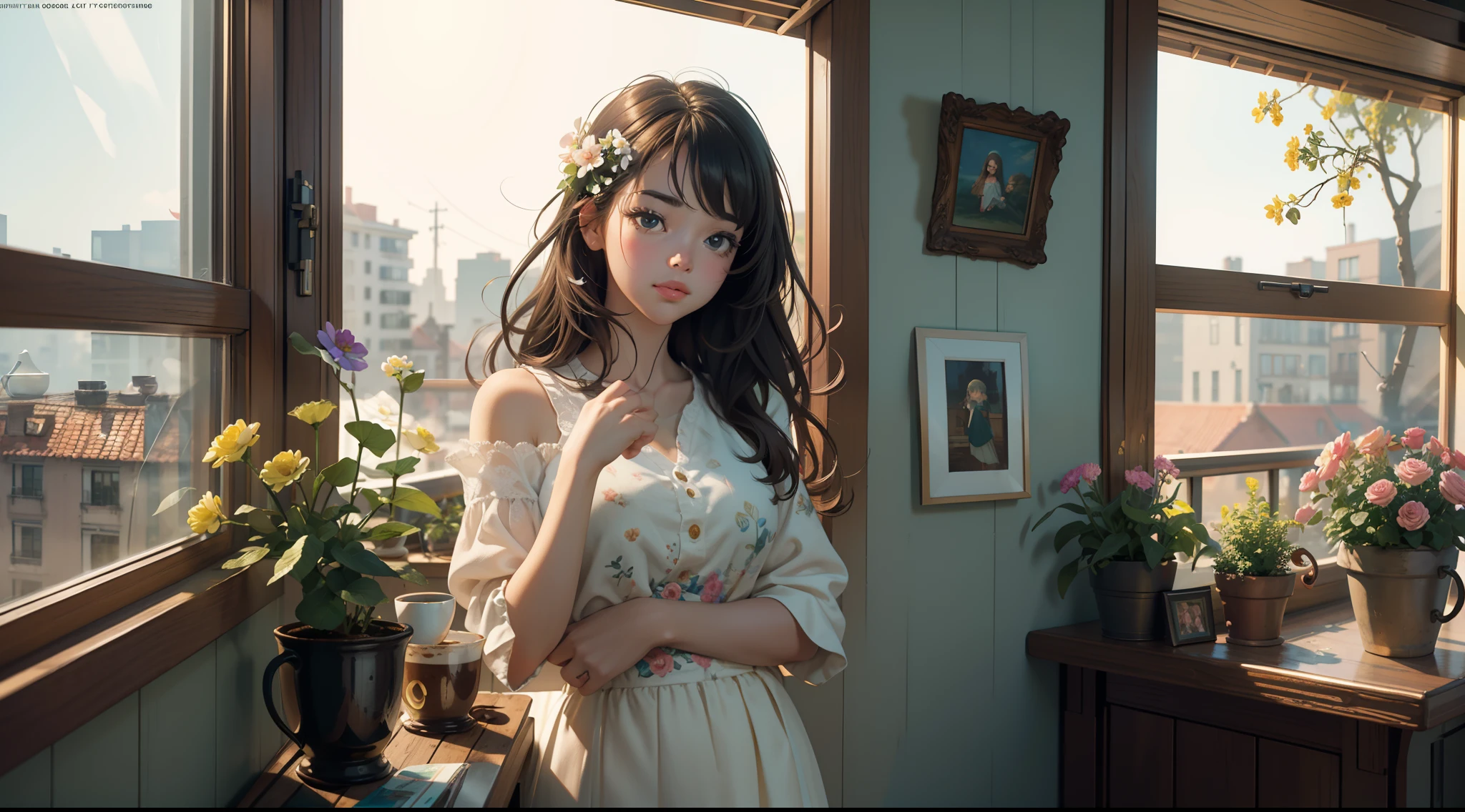 There is a woman standing in front of a window with flowers - SeaArt AI