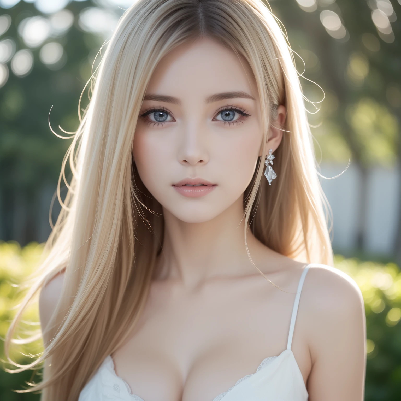 Portrait、School、bright look、ponytail、young shiny glossy white shiny skin、best beauty、Blonde reflected light、Platinum blonde hair with dazzling highlights、shiny bright hair,、Super long straight hair、Shining beautiful bangs、Sparkling crystal clear charming big blue eyes、very beautiful lovely cute 16 year old girl、rich bust、With slit、((I could see the whole body))、beautiful face、white dress