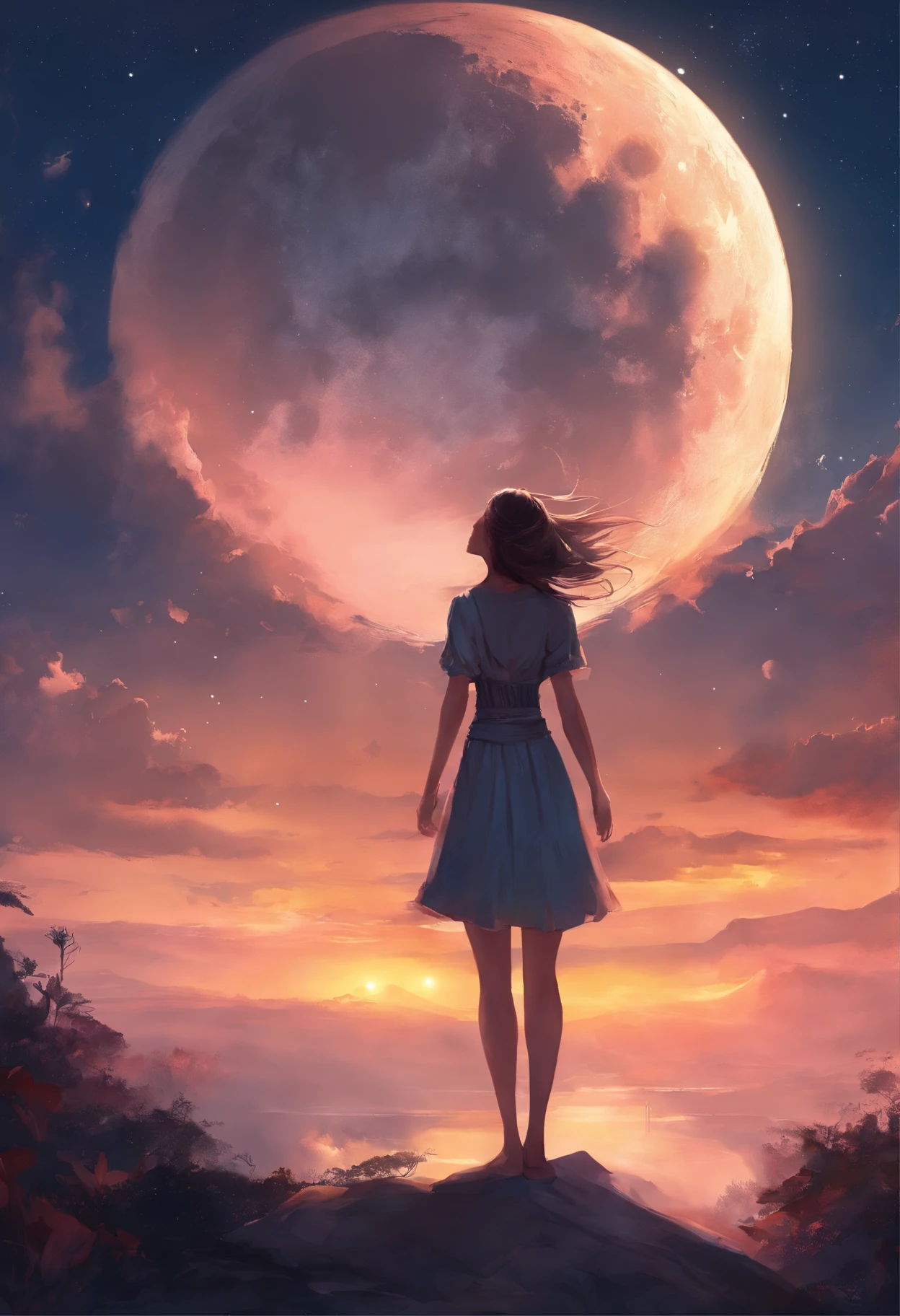 Full Moon Sky、nigh sky、Girl looking up at the sky