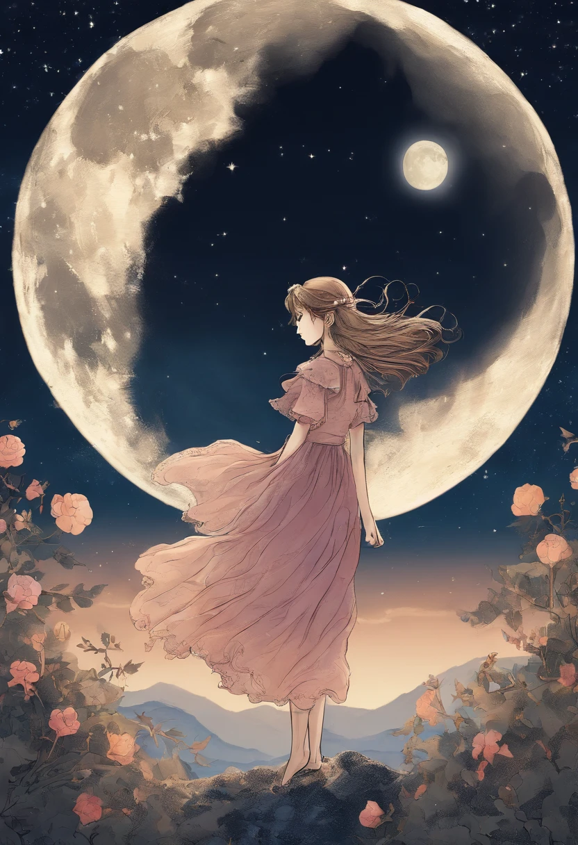 Full Moon Sky、nigh sky、Girl looking up at the sky
