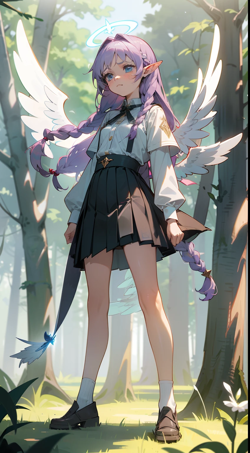 1girl,20s,solo,sad face,white school shirt,black scholl skirt,small tits,light purple hair,long hair,braided hair,(((Angel of Light Angelica Wings))),blue eyes,,elves ears,(((standing in front of a forest)))