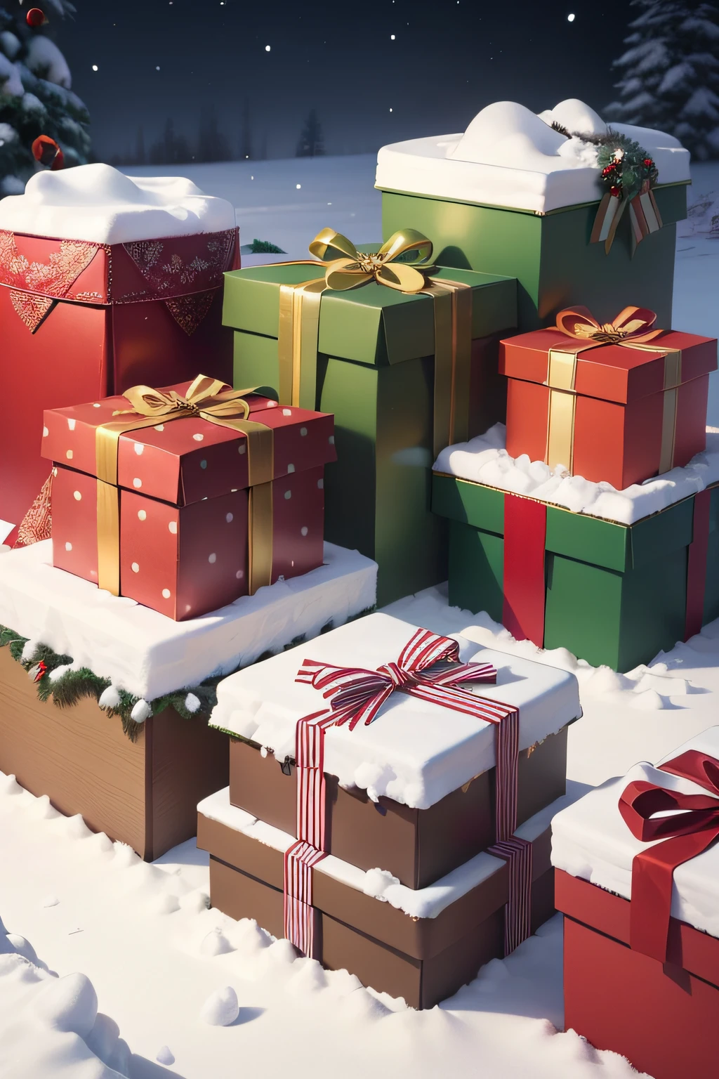 The image shows a group of Christmas gifts and decorations sitting on top of a pile of snow. The gifts are all different sizes and shapes, and they are all wrapped in festive paper. There are red, green, and gold gift boxes. The decorations include a Christmas tree, a wreath, and a few ornaments.
