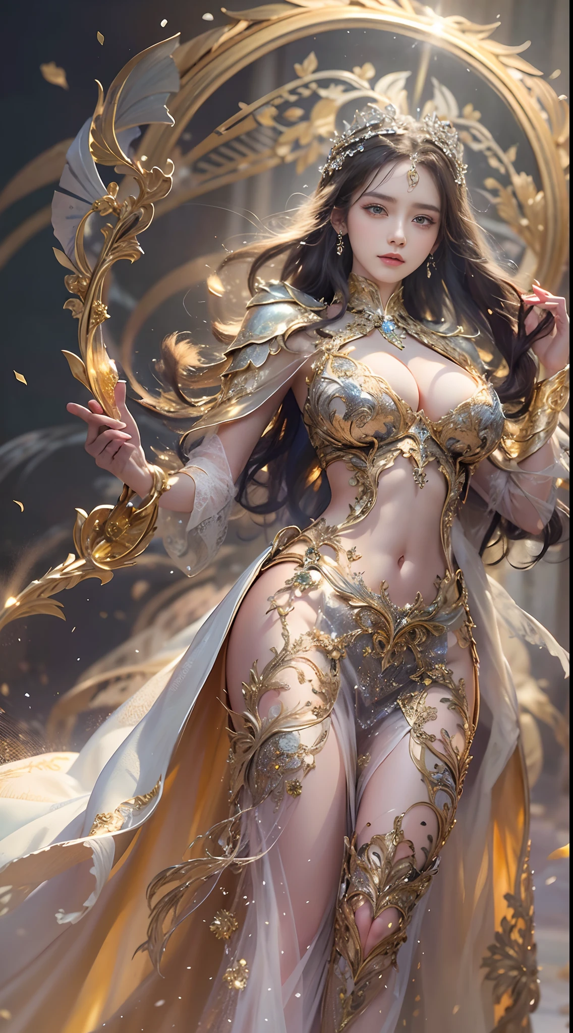 Woman in a golden transparent dress,view the viewer,(((Huge breasts, Large cleavage))),Slim waist,(navel baring,Bare waist), Long hair, Ultra-detailed details,High-end Zhenyi station, Rainstorm site, detailed fantasy art, Stunning character art, Beautiful and exquisite character art, Beautiful gold and silver armor, Extremely detailed, Girl in shiny armor, Exquisite tiaras and jewelry,Crystal jewelry filigree, milky ways, Stunning visuals, (dynamic streaks, light tracks:1.2), Vibrant colors,