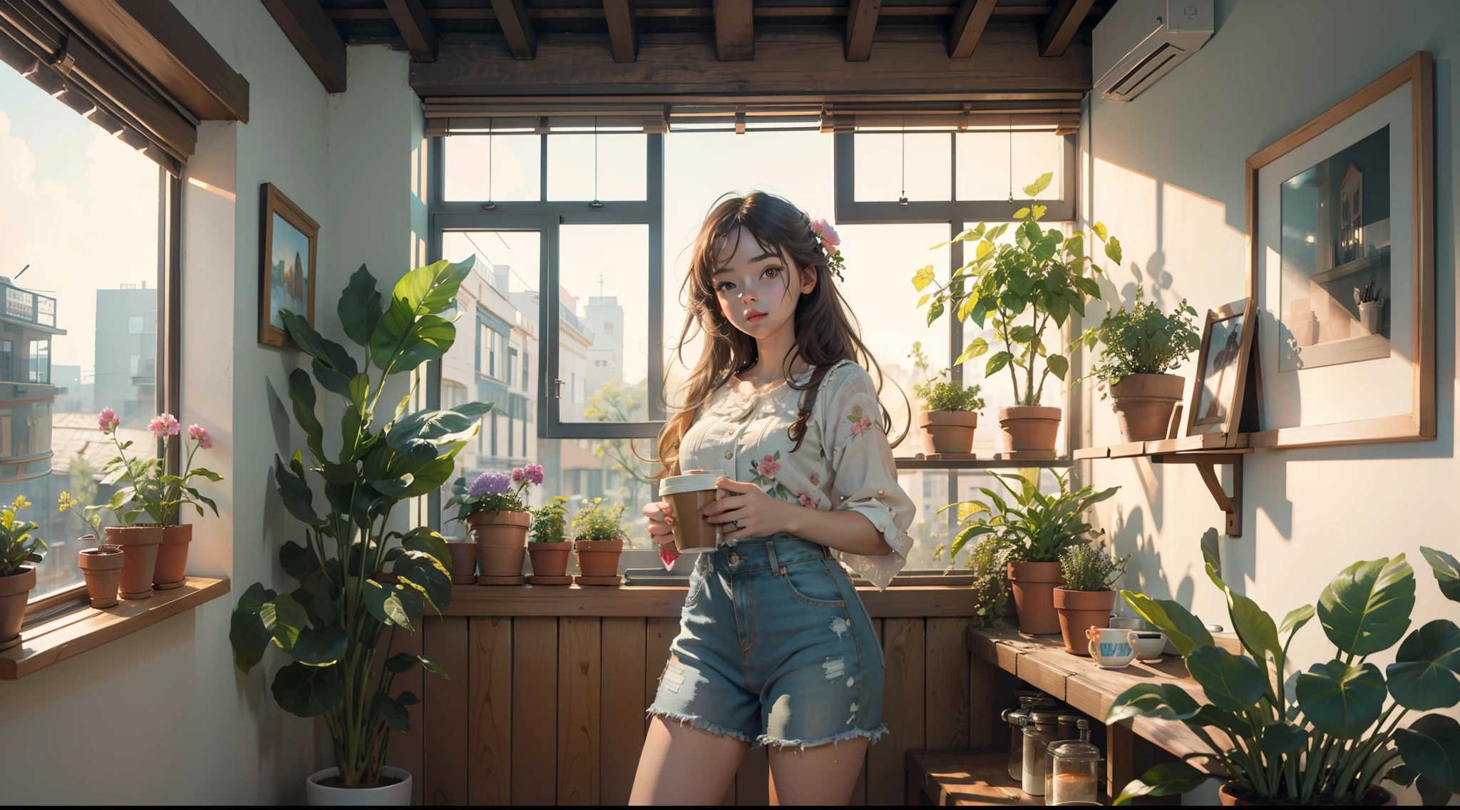 Masterpiece,Best quality,Masterpiece,Best quality,offcial art,Extremely detailed Cg Unity 8K wallpaper,Slightly vintage,RISO print style,illustration,Cute,1girll,Flowers,windowsill,flower pots,Drink coffee,.
