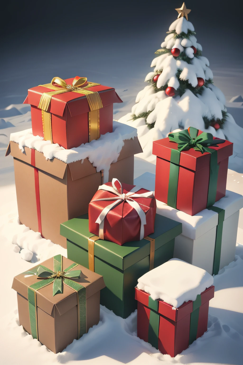 The image shows a group of Christmas gifts and decorations sitting on top of a pile of snow. The gifts are all different sizes and shapes, and they are all wrapped in festive paper. There are red, green, and gold gift boxes. The decorations include a Christmas tree, a wreath, and a few ornaments.