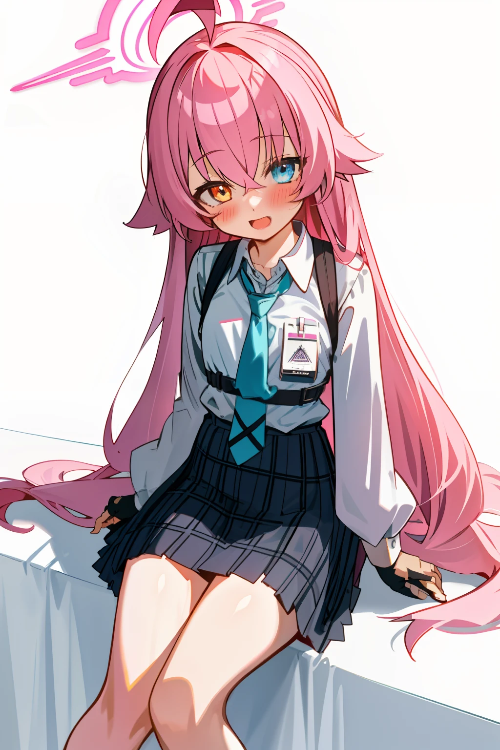 1girl, hoshino (blue archive), solo, heterochromia, pink hair, skirt, long hair, necktie, ahoge, shirt, halo, plaid skirt, blue eyes, plaid,  looking at viewer, white shirt, sitting, orange eyes, chest harness, harness, long sleeves, id card, open mouth, very long hair, collared shirt, smile, blue necktie, bangs, feet out of frame, between legs, hand between legs, blush, hair between eyes, highres,masterpiece, best quality