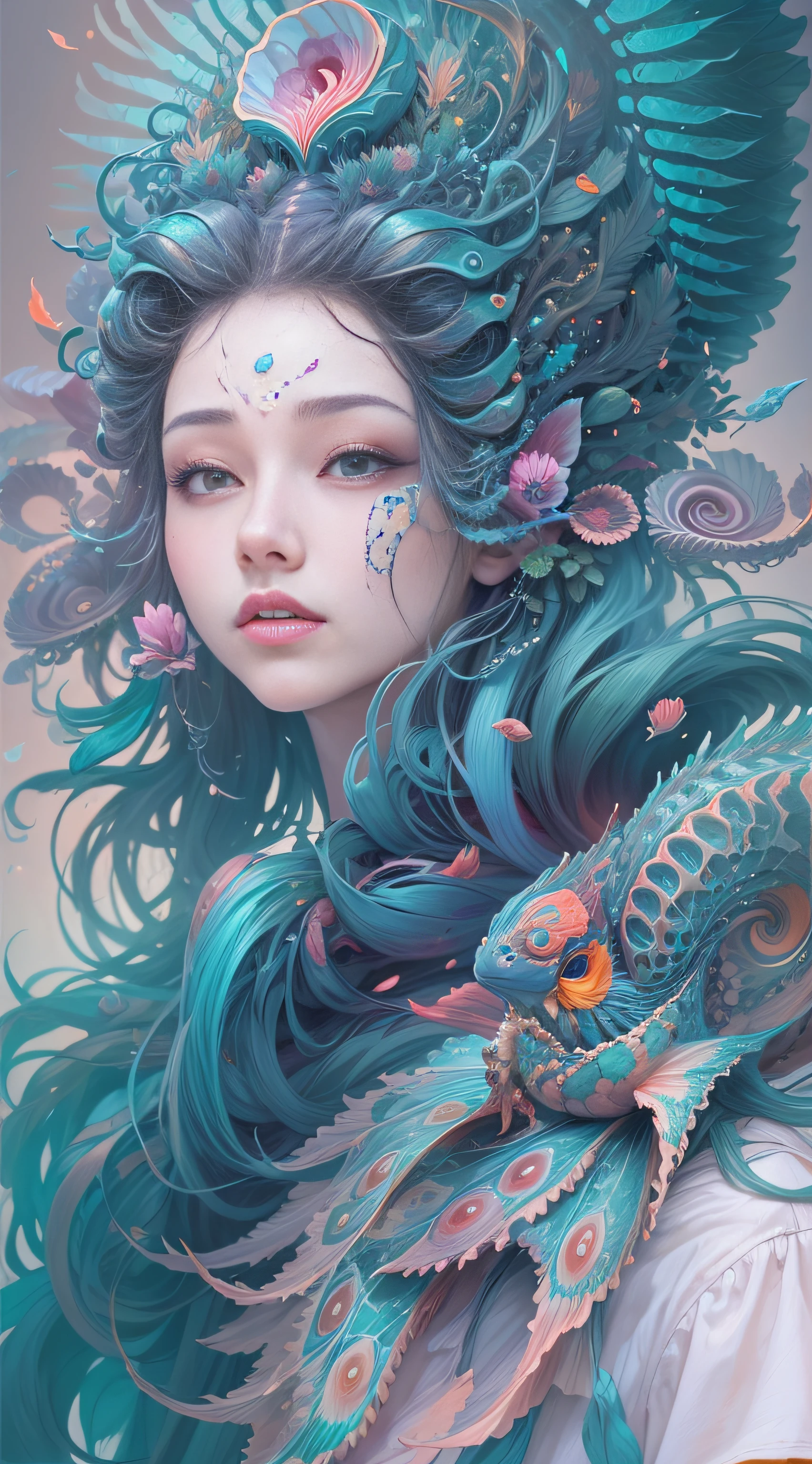 best qualtiy,tmasterpiece,超高分辨率,(photograph realistic:1.4),ultra-realistic realism,Dream-like,The beautiful blue-skinned goddess wears a phoenix peacock on her head, Nautilus, a betta fish,The creation of fantasy,Brain conch,Dream Conch,Biopunk Nautilus,Thrilling color scheme, ultra-realistic realism, abstracted, psychedelia,