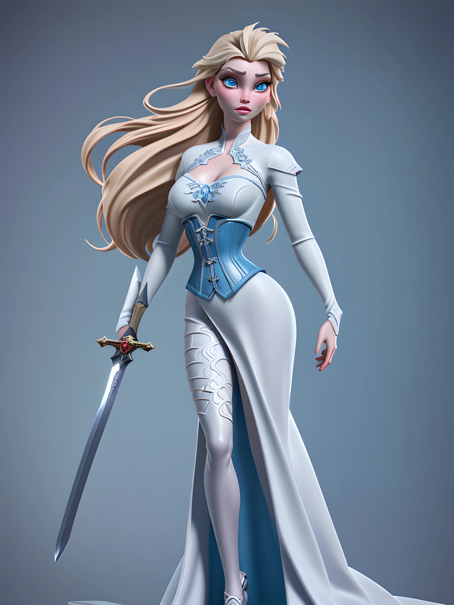 a 3D animation style model shot, fantasy art, of a Elsa from Frozen, a exquisite beautiful Elsa (masterpiece, extremely detailed, best quality), full body (masterpiece, extremely detailed, best quality), LnF wearing white armor (masterpiece, extremely detailed, best quality), latex corset (masterpiece, extremely detailed, best quality), blue dress (masterpiece, extremely detailed, best quality) , holding a fantasy long sword fantasysword sword, pale skin, blond hair, long hair, blue eyes color, jewelry, dynamic background (masterpiece, extremely detailed, best quality), best realistic, best details, best quality, 16k, [ultra detailed], masterpiece, best quality, (extremely detailed), ultra wide shot, photorealism, depth of field, 3D animation rendering,