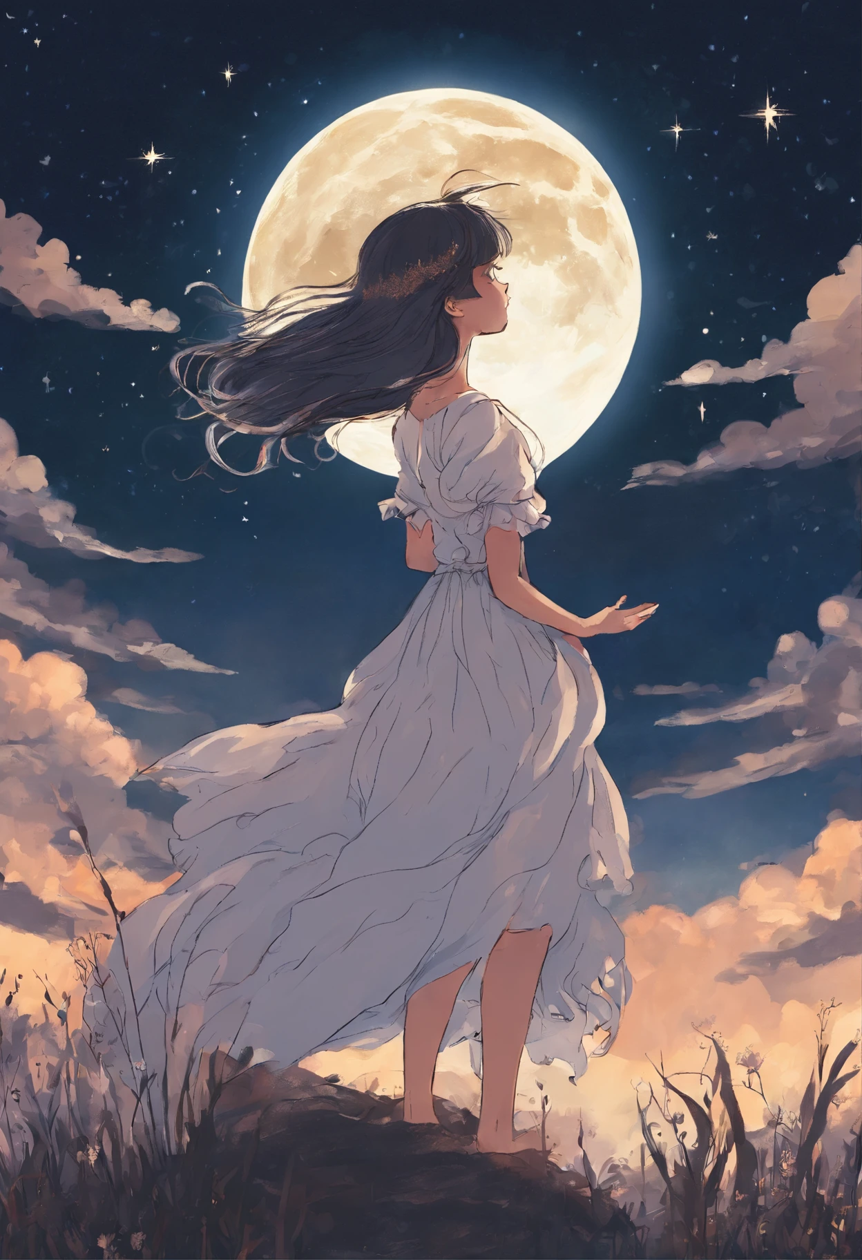 Full Moon Sky、nigh sky、Girl looking up at the sky