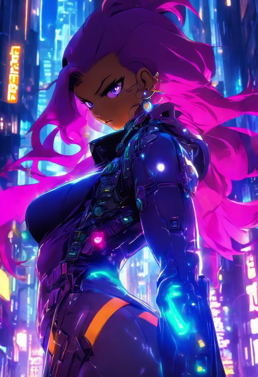 hips, , Bubble butt, Elastic docking, (Rear butt view:1.4),(rich colors:1.5),close up, Game cover art, 4K, Incredible art, of the best quality, Huge breasts,A masterpiece, (milf:1.2),(Curvy:1.3),(Erected:1.4), (Juicy Carmelto:1.3),30 years old,big boobs, (A masterpiece), (Realistic), (of the best quality), (super-detailed), amazing,Dystopian future female cyborg detective, Wear a leather trench coat, There are cybernetic eyes and guns in the holster, The background is a city landscape with flashing neon lights.