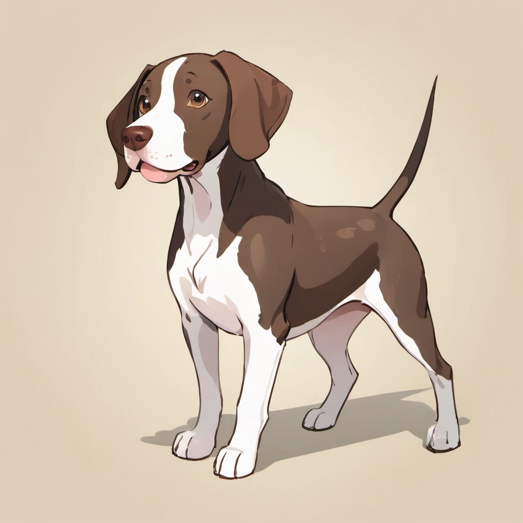 The German Shorthaired Pointer is a distinct and recognizable breed, celebrated for its robust athleticism and dynamic appearance. These dogs are of medium to large size, boasting a well-defined, muscular build. German Shorthaired Pointers are highly regarded as versatile hunting dogs, cherished companions, and skilled athletes, largely due to their adaptable nature and keen intelligence.
German Shorthaired Pointers possess a sleek and short coat that is easy to maintain. Their coat can be seen in a variety of colors, most commonly liver (a rich brown) or black, often with white markings. This practical coat design is perfect for agile movement in the field, where they excel in hunting game.
In regard to their head and facial features, German Shorthaired Pointers showcase a strong, expressive head with a prominent stop where the forehead meets the muzzle. Their eyes are dark and exude a spirited and intelligent gleam, contributing to their alert and engaging expression. The nose is typically brown, and their ears are of medium size, positioned close to the head.
The body of a German Shorthaired Pointer is well-balanced and muscular, characterized by a robust neck and a deep, strong chest. Their back is level and leads to a gracefully sloping croup. The tail is of moderate thickness at the base and is carried at a natural level. It is often docked to a certain length, in line with breed standards, for safety and aesthetics.
German Shorthaired Pointers are celebrated for their adaptability, intelligence, and athleticism, making them exceptional companions for various activities, including hunting, sports, and outdoor adventures. Their distinctive appearance and spirited personality make them an iconic and cherished breed in the world of dogs, drawn in the sowsow pokemon art style, cute smile, action scene, not a puppy but an adult dog,