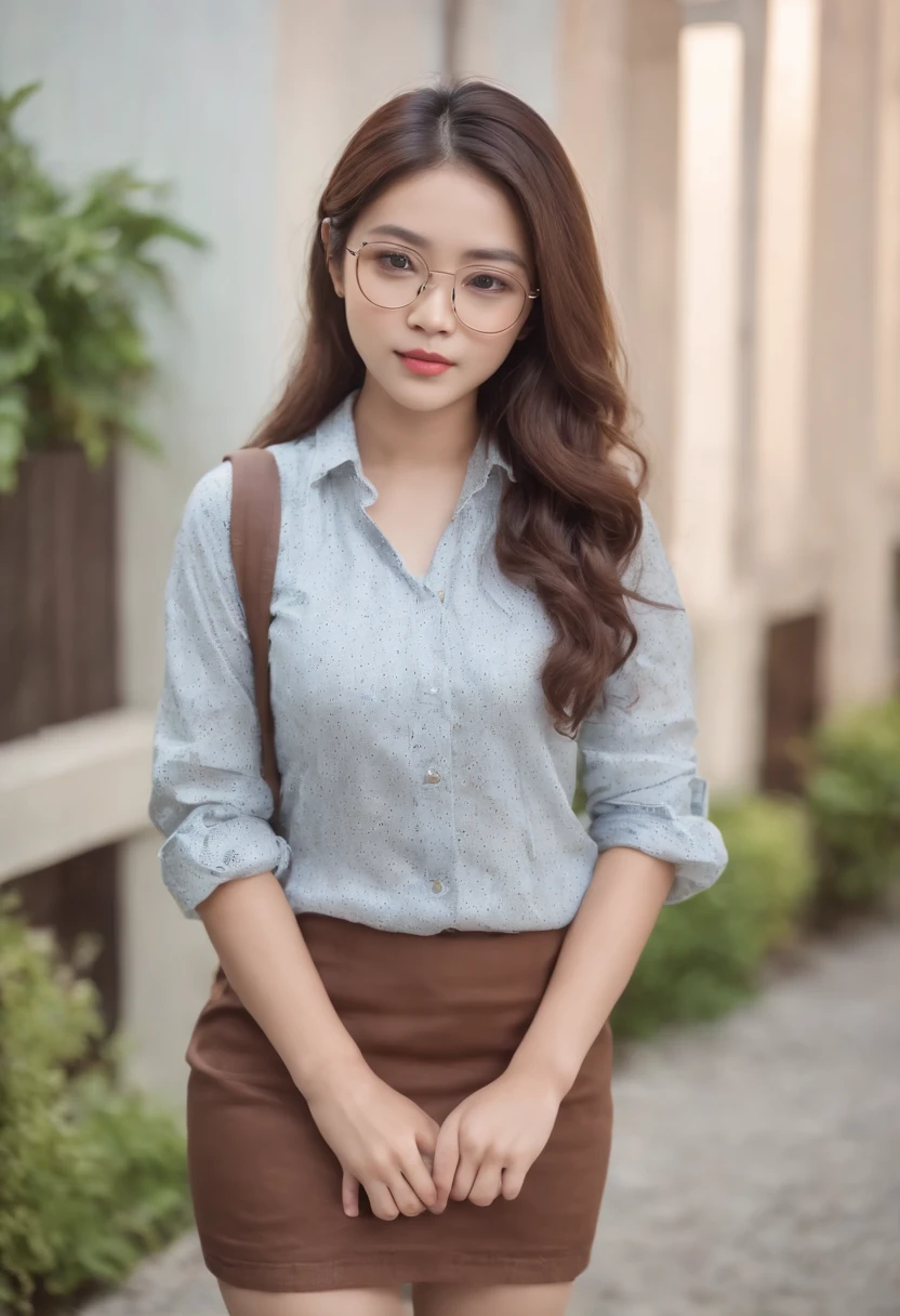 masterpiece, beautiful young girl japanese-indonesian, cute young girl in a shirt and short skirt, girl curly long hair, girl wearing thin rounded glasses, cute young woman, asian, background placed in Indonesia, ideal girl
