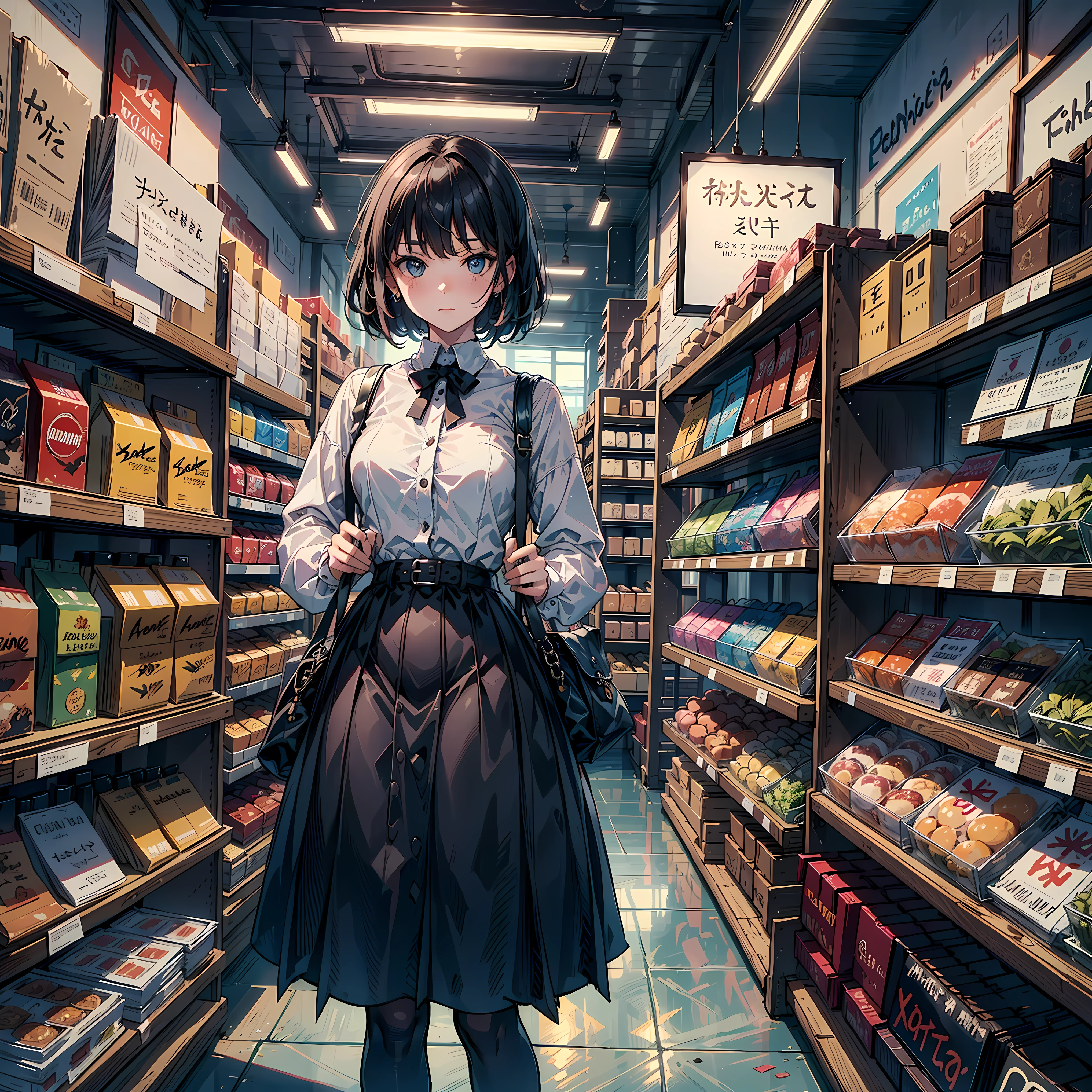 (master part, Qualidade Superior, best quality, Arte Oficial, Beautiful and Aesthetic:1.2), (1girl:1.3), extremamente detalhado,colorido,mais alto detalhado, de cima, sozinho, 1Girl standing in a store with lots of stuffed animals on the shelves and a bag of stuff, profundidade de campo, lente olho de peixe