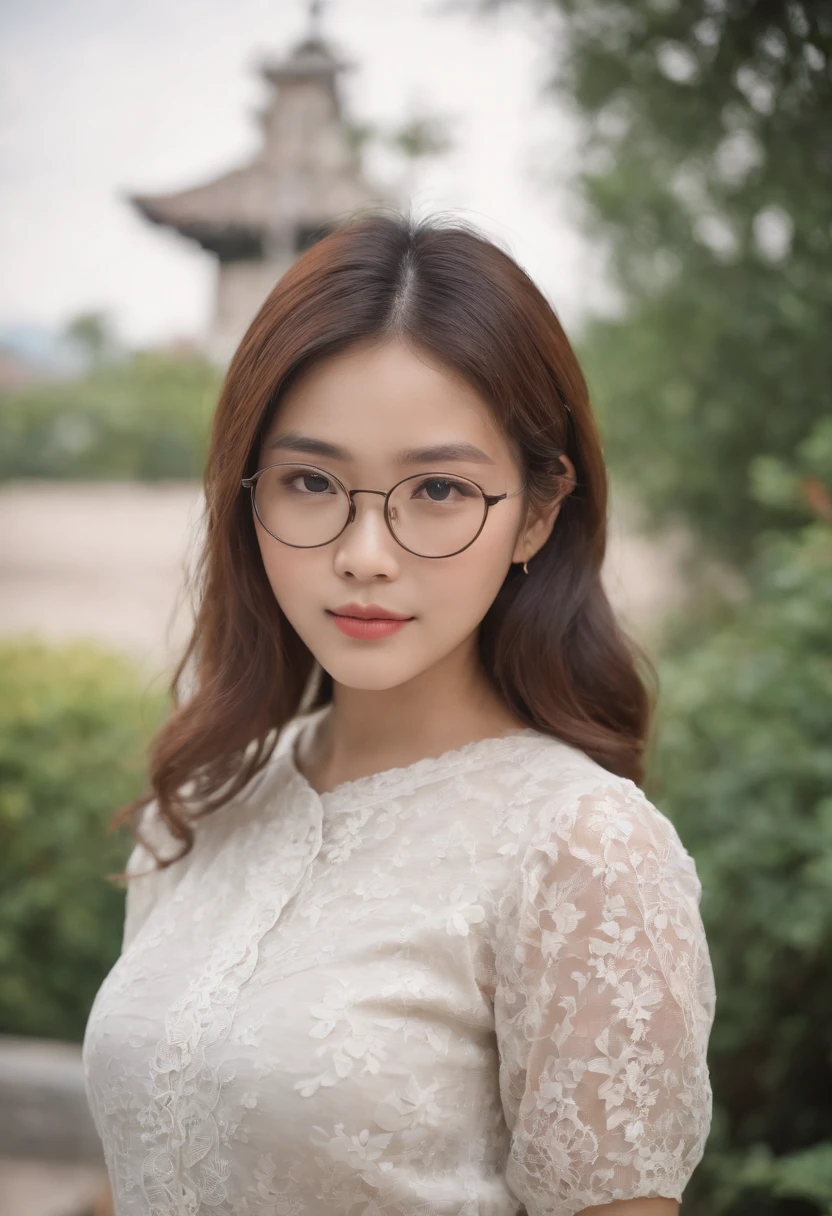 masterpiece, beautiful young girl japanese-indonesian, cute young girl in a shirt and short skirt, girl curly long hair, girl wearing thin rounded glasses, cute young woman, asian, background placed in Indonesia, ideal girl, full body look