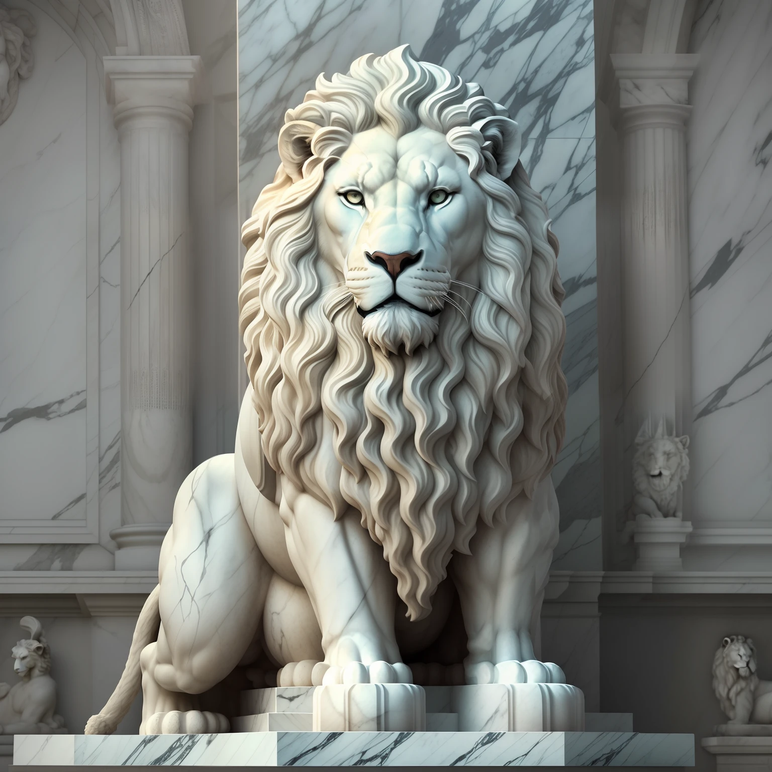 A realistic white marble statue of a carefully detailed lion wearing a ghostly toga, fundo preto, Moody, fotorrealista, Jantar de cinema atencioso, super detalhada, Hiper realista, luzes brilhantes, 8 mil