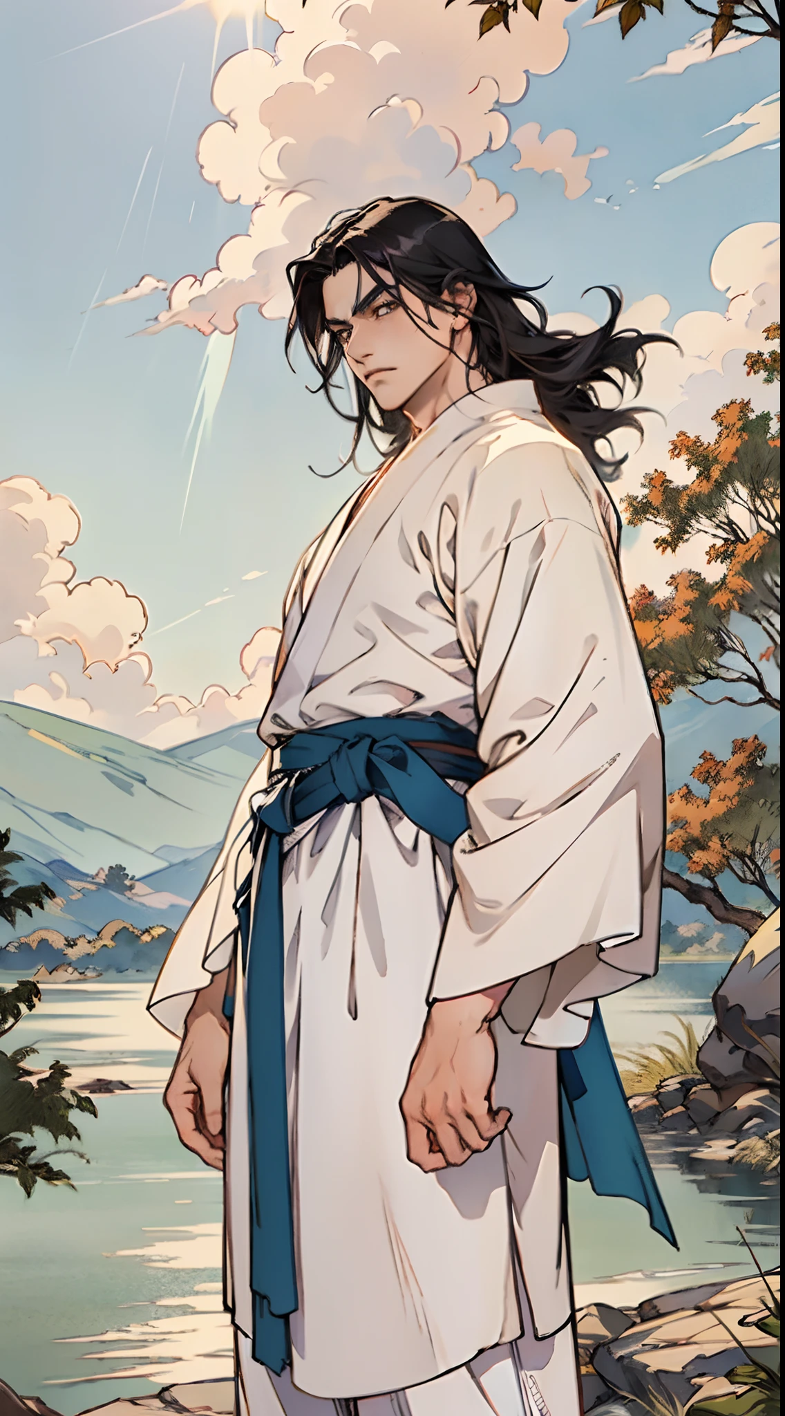 A young man with thick jet-black hair, Medium-length hair, clear and bright eyes, a relaxed and composed demeanor, handsome features, stands by the side of a vast and bright lake, dressed in a loose white robe, the hem flowing gracefully in the wind, wide sleeves, a sky-blue sash is tied around his waist, he wears loose white trousers, he holds a longsword with a black scabbard, a longsword with a black scabbard, he radiates an aura of transcendence and elegance under the sunlight, under the sunlight, this character embodies a finely crafted Chinese martial hero design in anime style, characterized by a sophisticated and mature manga illustration art style, high definition, best quality, highres, ultra-detailed, ultra-fine painting, extremely delicate, professional, anatomically correct, symmetrical face, extremely detailed eyes and face, high quality eyes, creativity, RAW photo, UHD, 8k, Natural light, cinematic lighting, masterpiece:1.5