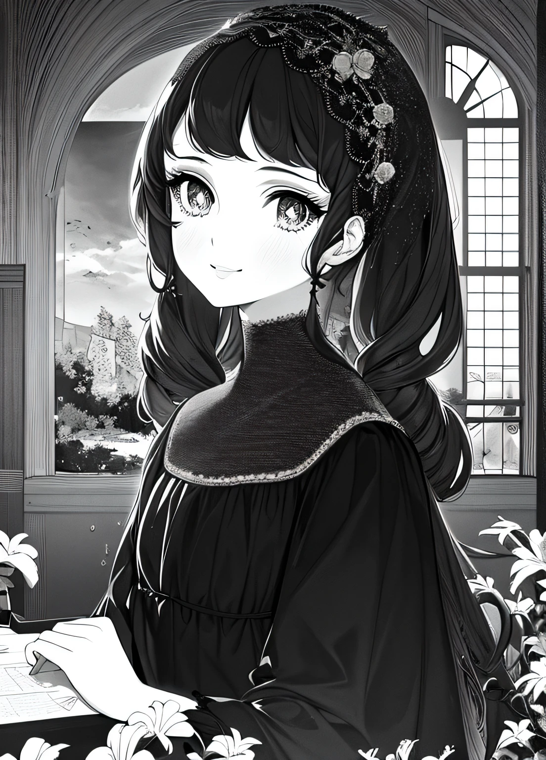 masutepiece, Highly detailed, Black and white, Drawn with an ink pen, old paper texture, shoujo manga,(Foreground, Lily frame), 1girl in, Age 20, college age, French, nobles, Elegant dress, Big eyes,Sparkling eyes, Long hair curls, Upper body, window, nigh sky, crescent, monochromes, washed off, worn, Faded,